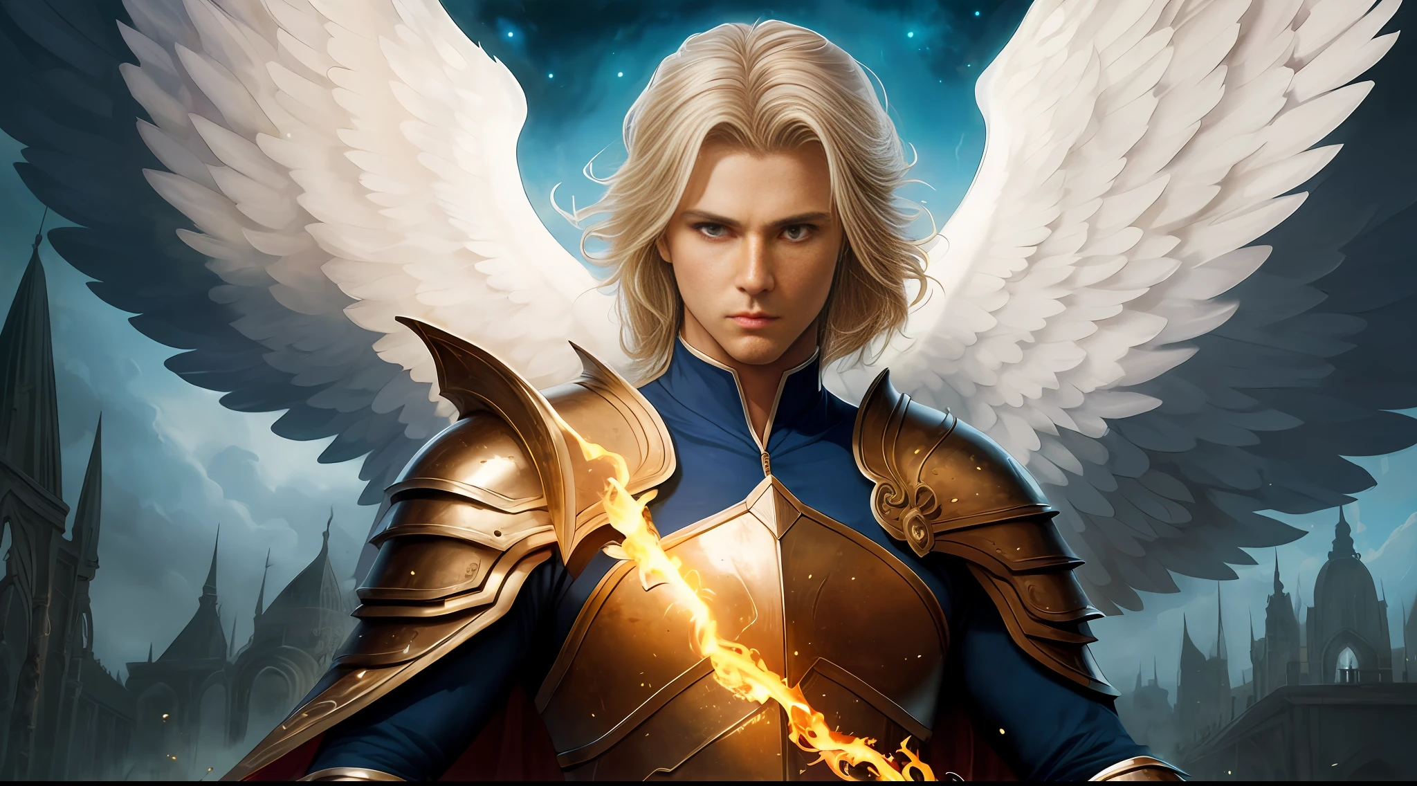 A mature man like powerful Archangel Michael, with a muscular constitution and blond hair, is in battle armor, flaming blue sword of golden pearls, a flaming sacred aura radiating from his body, extremely detailed white wings, fantasy male portrait, finely detailed angelic face, portrait of a beautiful angel, graphic artist magali villeneuve, holy spirit, a blue cape rippling in the wind and a background of spiritual sky. Rendered in UHD with a highly detailed and realistic painting style inspired by the works of fantasy art portrait, archangel, epic fantasy art portrait, (anime realism, photorealistic: 1.4), perfect composition, centered, inspired by the works of Roman Bezpalkiv, fantasy art behance, Laura Sava, Luis Royo