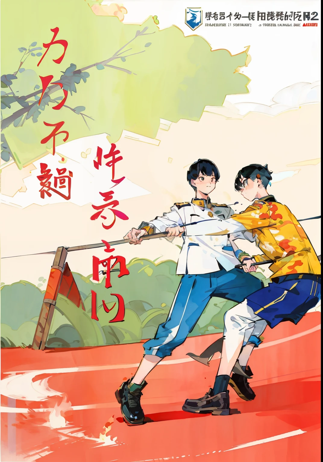 There are two men tug-of-war, poster illustration, cover illustration, illustration poster, poster; summer, poster, beautiful artwork illustration, illustration, art cover, painted illustration poster, poster, simple illustration, military training, camouflage uniform, playground, scorching sun