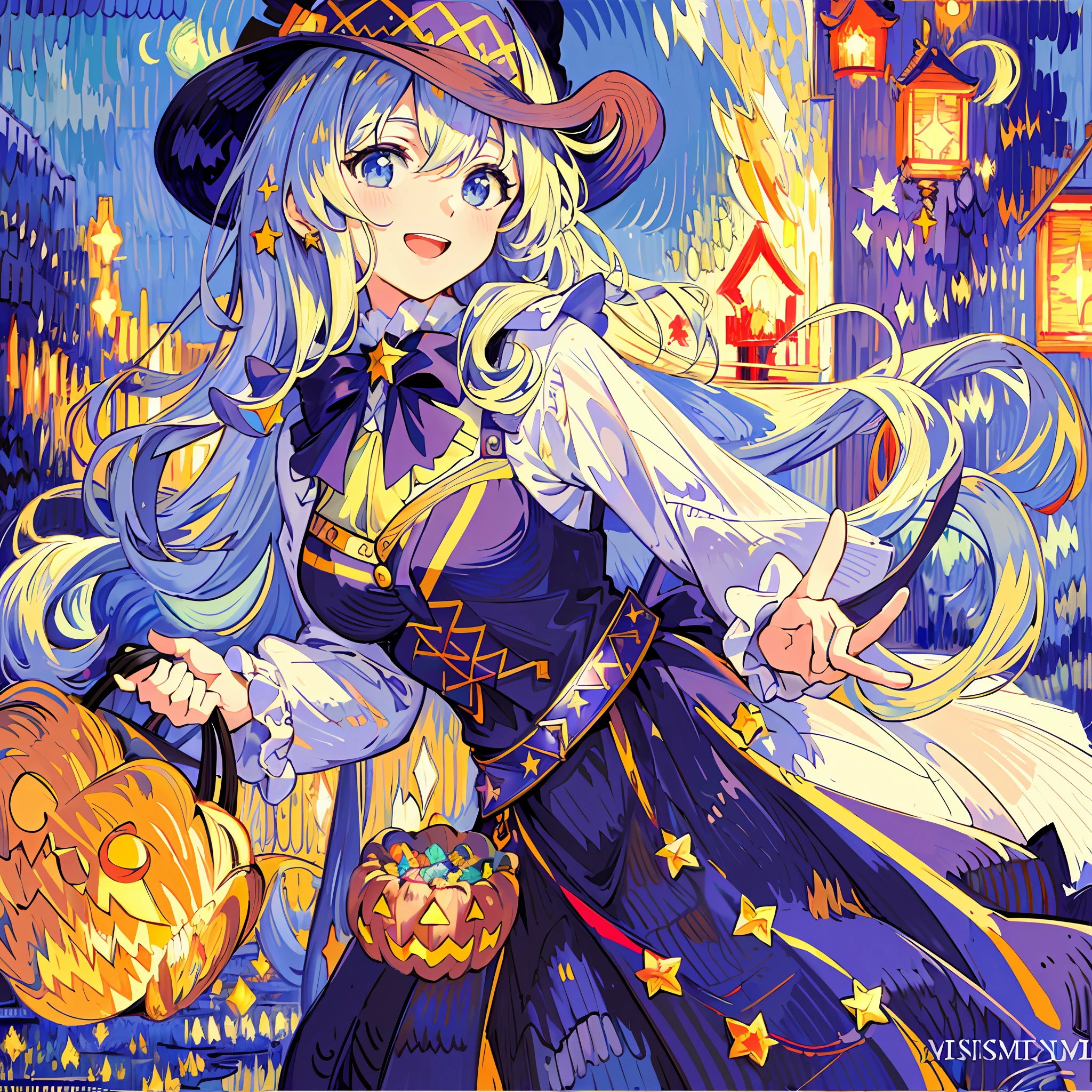 ((masterpiece:1.2, best quality)), 1girl, solo, close up of a girl with curly hair, witch dress, witch hat, star (sky), open mouth, ribbons, smile, cape, (impressionism:1.4), alphonse mucha, Halloween colors, colorful candy, magical lights, pumpkins, candies