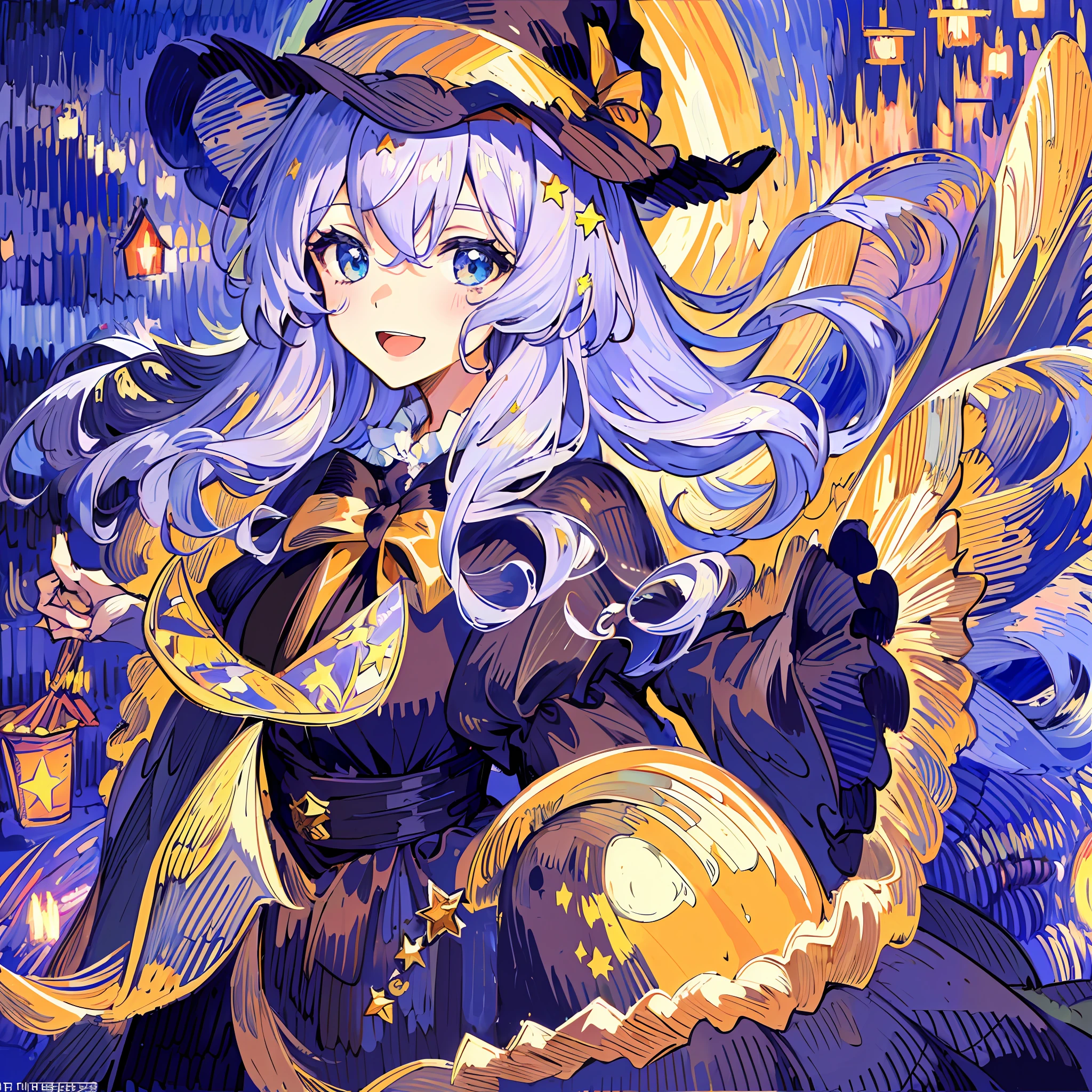 ((masterpiece:1.2, best quality)), 1girl, solo, close up of a girl with curly hair, witch dress, witch hat, star (sky), open mouth, ribbons, smile, cape, (impressionism:1.4), alphonse mucha, Halloween colors, colorful candy, magical lights, pumpkins, candies