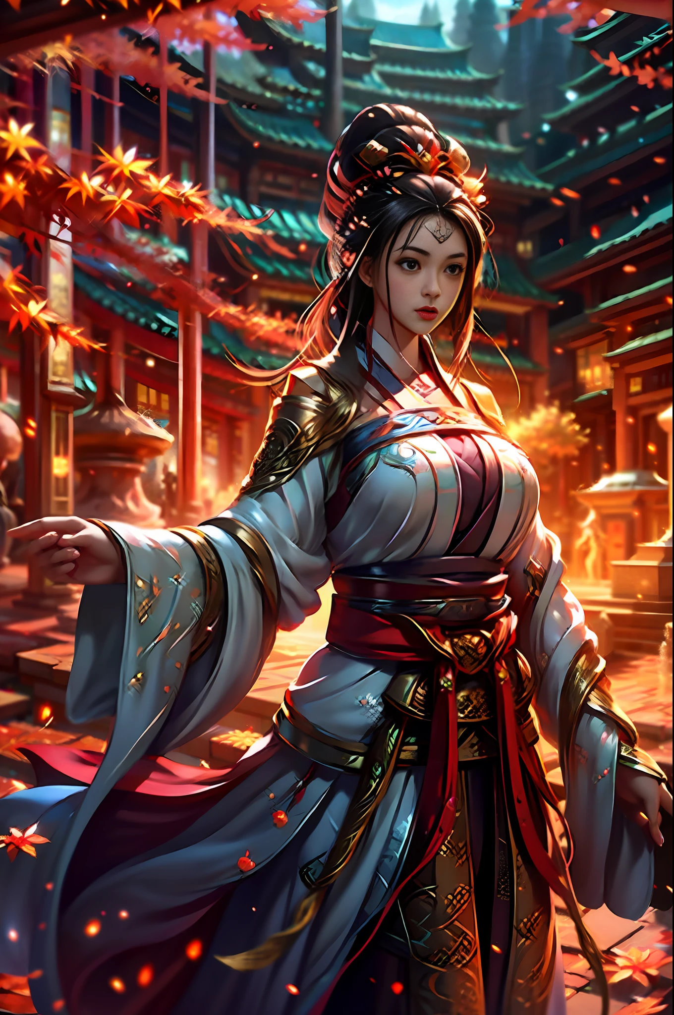 Official Art, Unity 8k wallpaper, ultra-detailed, beautiful, beautiful, masterpiece, best quality, mystery, romanticism, horror, literature, art, fashion, tang dynasty era, decoration, intricate, embroidery, red hanfu, red tulle jacket, 1 girl, big breasts, black hair, red headband, red hairpin, sad, fatalistic, bust composition, dramatic composition, movie lighting, dynamic perspective, sexy, bare thighs, bare shoulders, full of temptation, red maple forest, maple leaves falling, Red maple background, cloudy mist, dramatic composition,