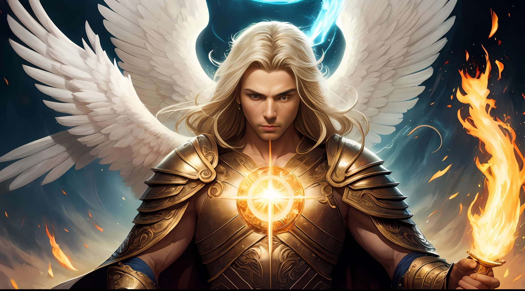 A mature man like powerful Archangel Michael, with a muscular constitution and blond hair, is in battle armor, flaming blue sword of golden pearls, a flaming sacred aura radiating from his body, extremely detailed white wings, fantasy male portrait, finely detailed angelic face, portrait of a beautiful angel, graphic artist magali villeneuve, holy spirit, a blue cape rippling in the wind and a background of spiritual sky. Rendered in UHD with a highly detailed and realistic painting style inspired by the works of fantasy art portrait, archangel, epic fantasy art portrait, (anime realism, photorealistic: 1.4), perfect composition, centered, inspired by the works of Roman Bezpalkiv, fantasy art behance, Laura Sava, Luis Royo