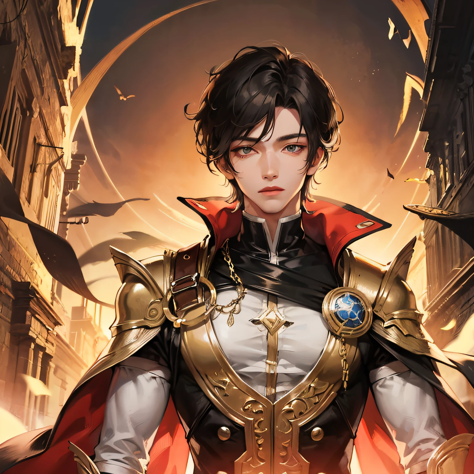 Absurd, high resolution, super detailed), 1 male, adult, handsome, tall muscular man, broad shoulders, delicate eyes and delicate face, black hair, fantasy, magnificent background,