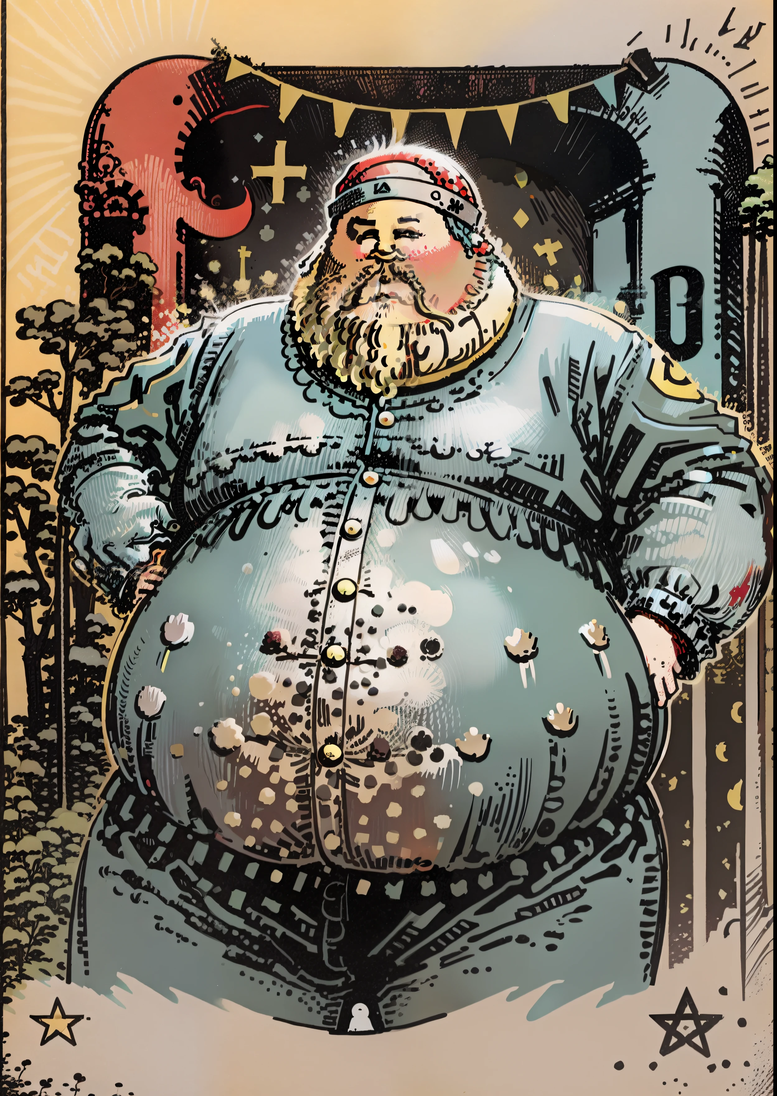 Make a tarot card style picture with a fat man taking pictures of his belly