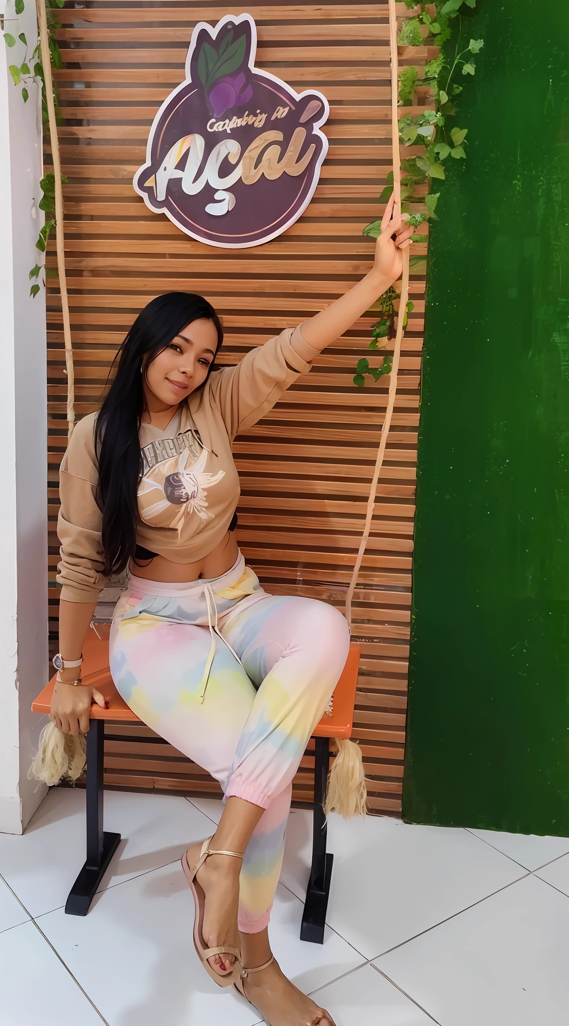 woman sitting on a swing with a sign in front of her, profile pic, ayahausca, profile image, profile photo, colored, colorful, wearing a colorful coogi sweater, patron saint of 🛸🌈👩🏾, casual pose, beautiful image, colourfull, outfit photo, multi colored, colourful, vibrant aesthetic, avatar image, fanart, cute woman