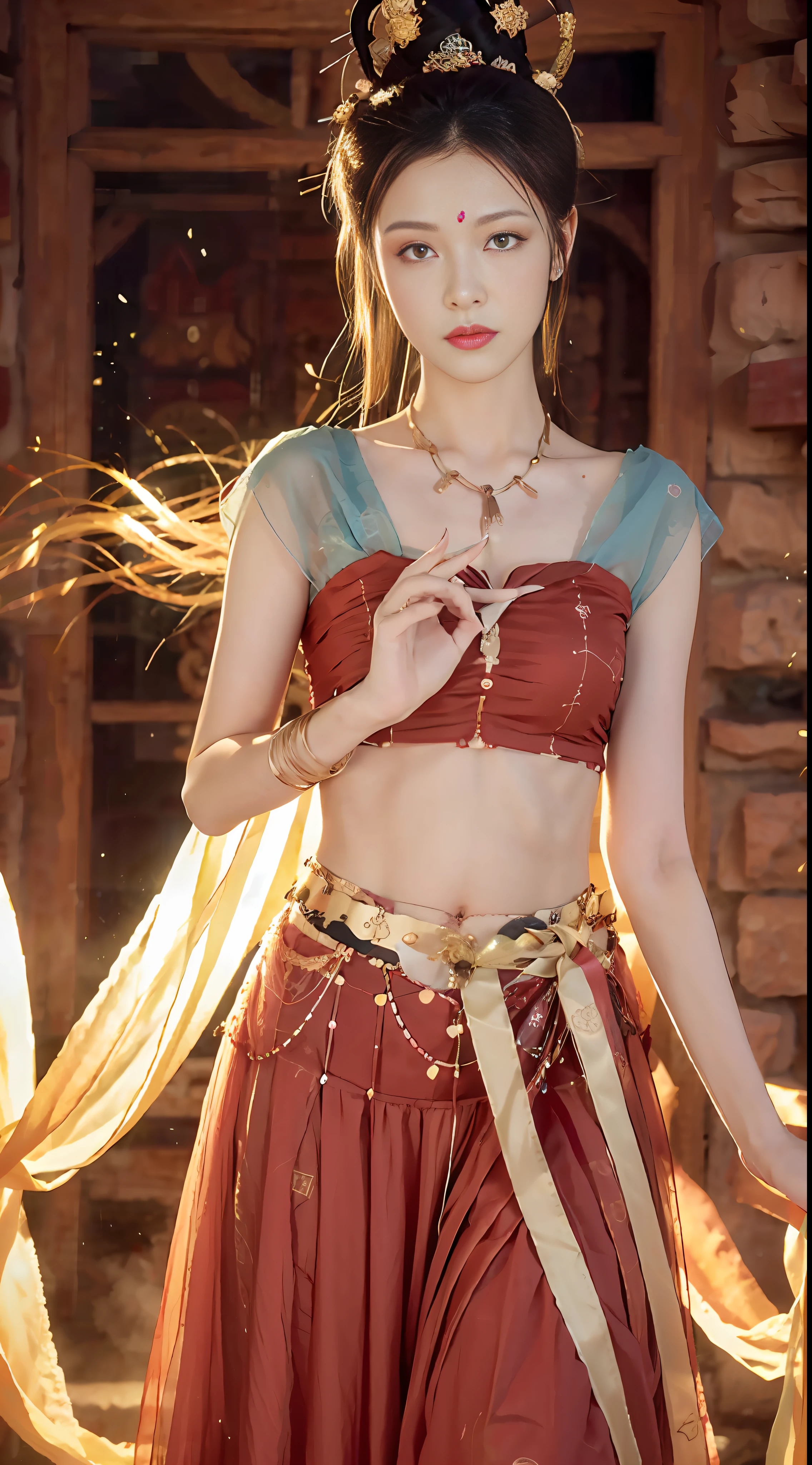 (8k, RAW photo, best quality, masterpiece:1.2), (realistic, photo-realistic:1.4), (extremely detailed CG unity 8k wallpaper), (1 girl:1.5), Western beauty, (Red clothes: 1.4), red spots on forehead, pale skin, blush, big eyes, full body, thighs, open navel, gold waist chain, gold jewelry, flying ribbons, particles, background is Loulan ancient city, ancient city wall, desert, dance, dunhuang_dress, dunhuang_style,