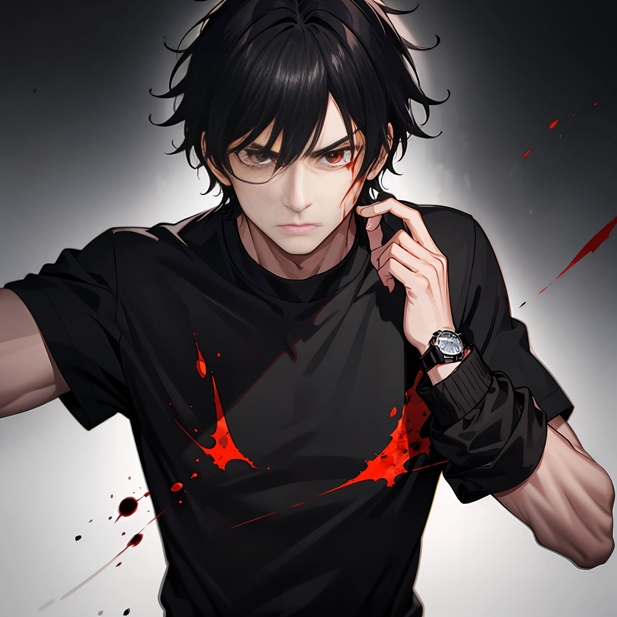 1boy, black hair, black shirt, red eyes, watch, messy hair, 8k resolution, fierce, delicate facial features, cold, murderous, angry, bloodstained