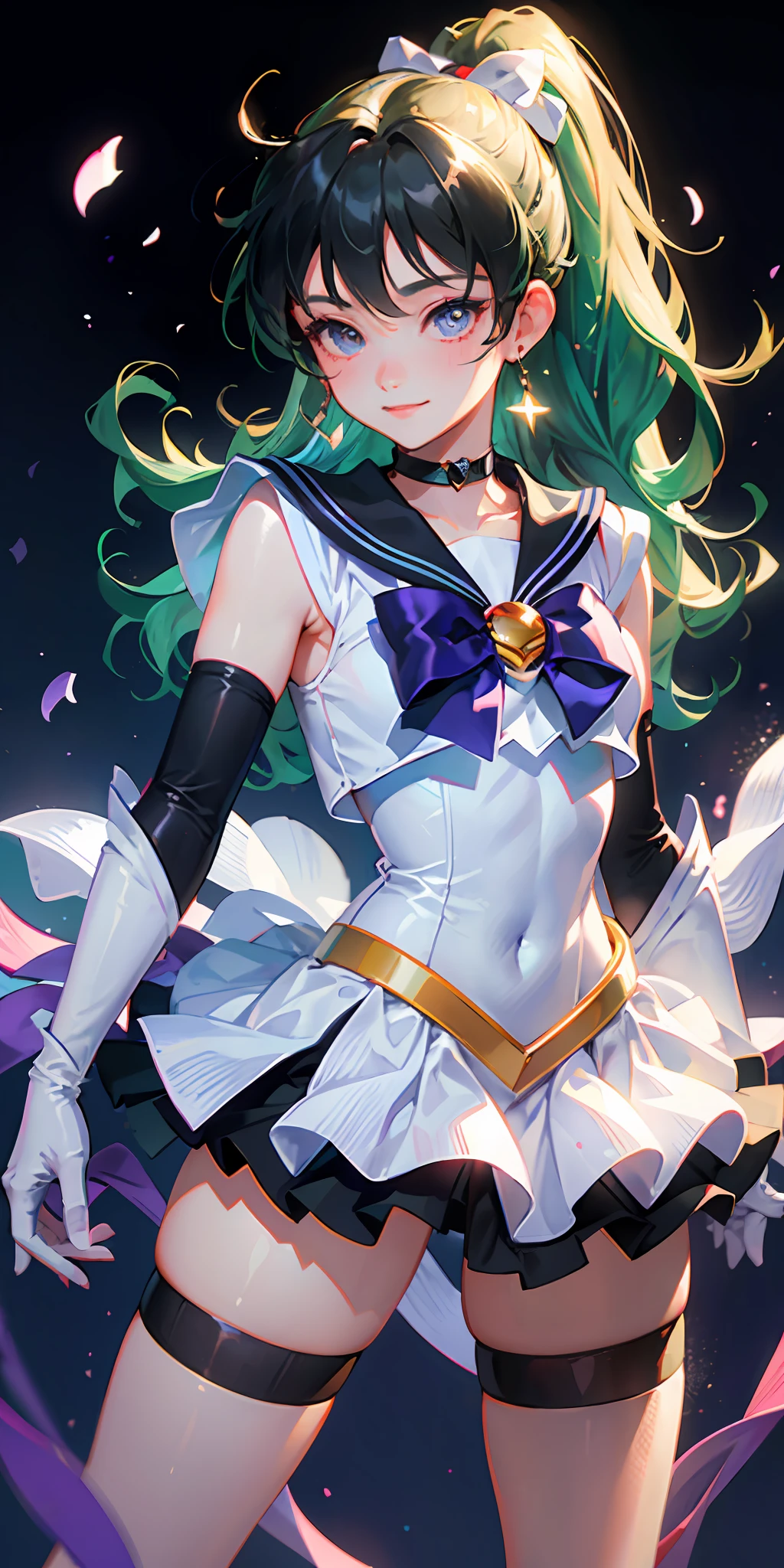 Masterpiece, Best Quality, High Resolution, 1girl, Solo, Ponytail, Green Hair, (Elbow Gloves), Headdress, Purple Bow, Tight Top, (Black Sailor Collar), White Gloves, Earrings, Smile, Pure Background, Clean Background, Purple Background, Black Skirt, (Sailor Mars Uniform), (Sailor Venus Uniform), Standing, Leng Jun, White Top, Elbow Gloves