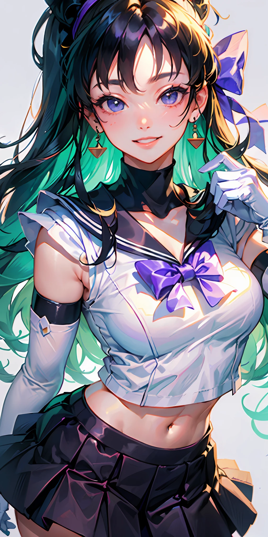 Masterpiece, Best Quality, High Resolution, 1girl, Solo, Ponytail, Green Hair, (Elbow Gloves), Headdress, Purple Bow, Tight Top, (Black Sailor Collar), White Gloves, Earrings, Smile, Pure Background, Clean Background, Purple Background, Black Skirt, (Sailor Mars Uniform), (Sailor Venus Uniform), Standing, Leng Jun, White Top, Elbow Gloves
