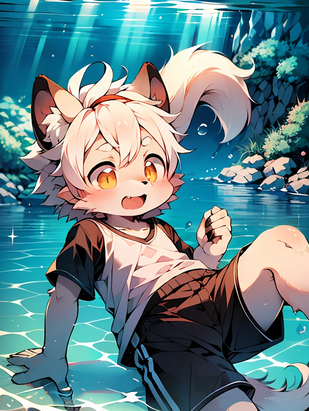 (by Dagasi: 1.1), BREAk, master masterpiece, high resolution, 8k, detailed background, high quality, BREAk, BREAk, (light blue fur, white hair, black sclera, yellow eyes, fluffy fur, detailed fur)) hairy, broken, masculine, boy, humanoid, shorts, swimming trunks, deep sea, (((under the sea, in the sea, playing in the water, swimming, diving))), solo