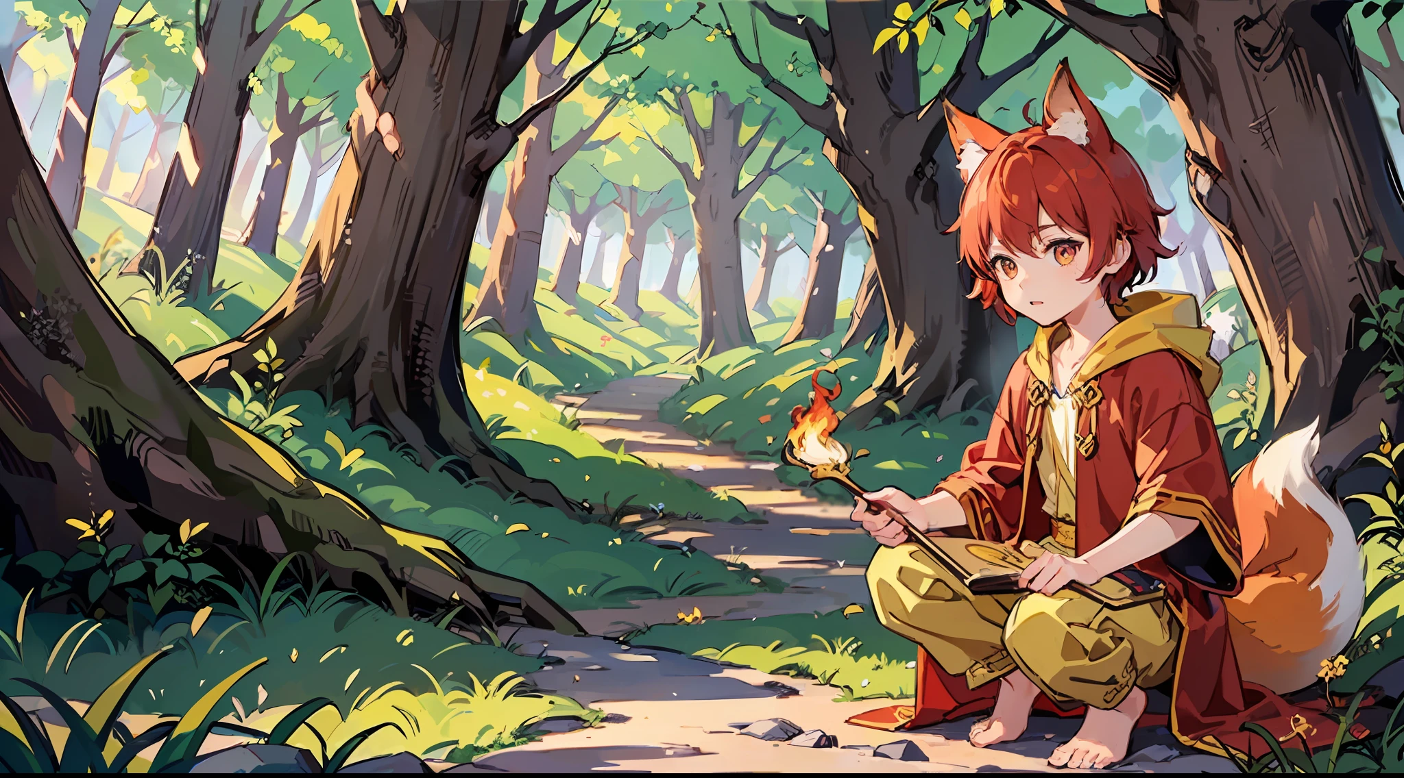(Little boy with short red hair with golden eyes), (dressed in a golden and red fairy robe), (red fox ear tail), (handsome), (barefoot), (in the forest), (using fire magic)