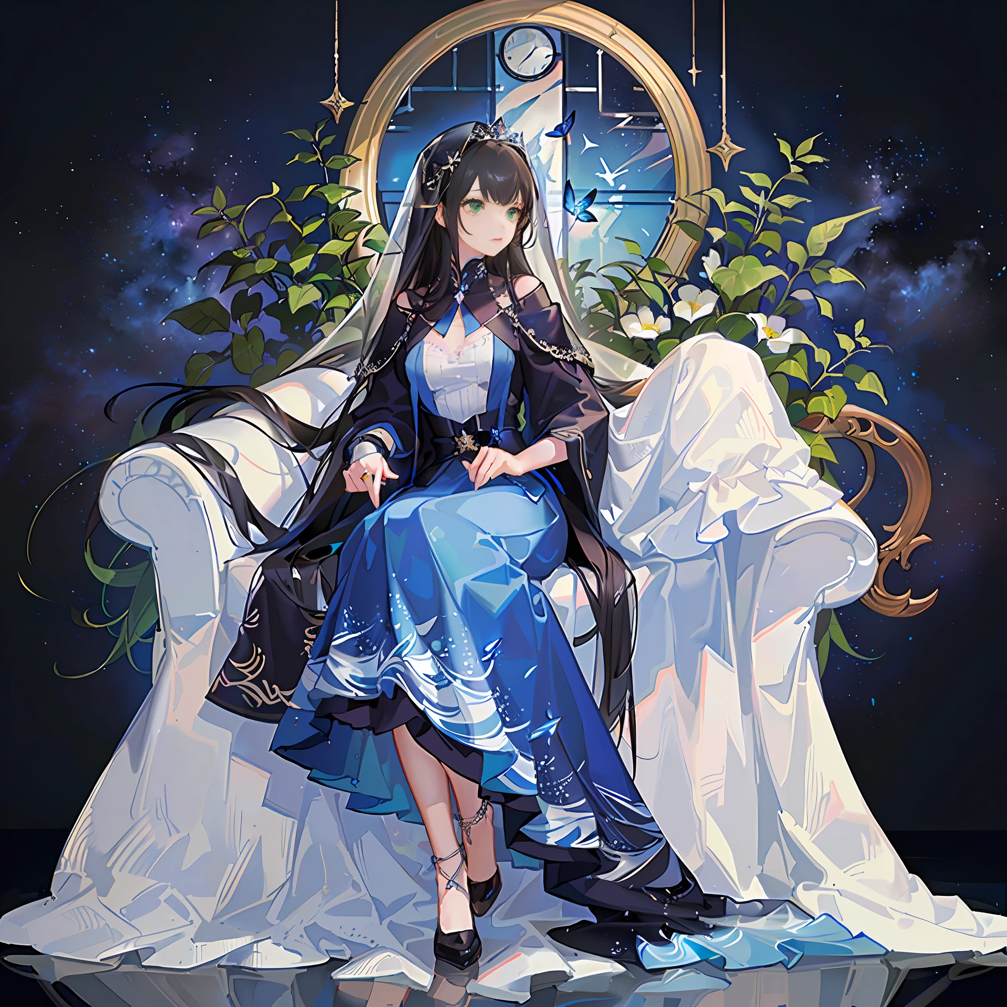 (extremely detailed CG Unity 8k wallpaper, best quality, masterpiece), ((4k, masterpiece, best quality)), a woman with a sisterly feeling but a little mature, long dark blue hair, long hair and waist, loose hair, shawl, emerald green eyes, single, sitting on a star, full of stars, left hand slightly raised, ring on the left ring finger, dark blue oversized swing princess dress, wearing a white researcher-style coat, hidden stars under the skirt, dark blue butterflies flying around, theater background, star curtain, Wearing a dark blue veil with stars, suspenders