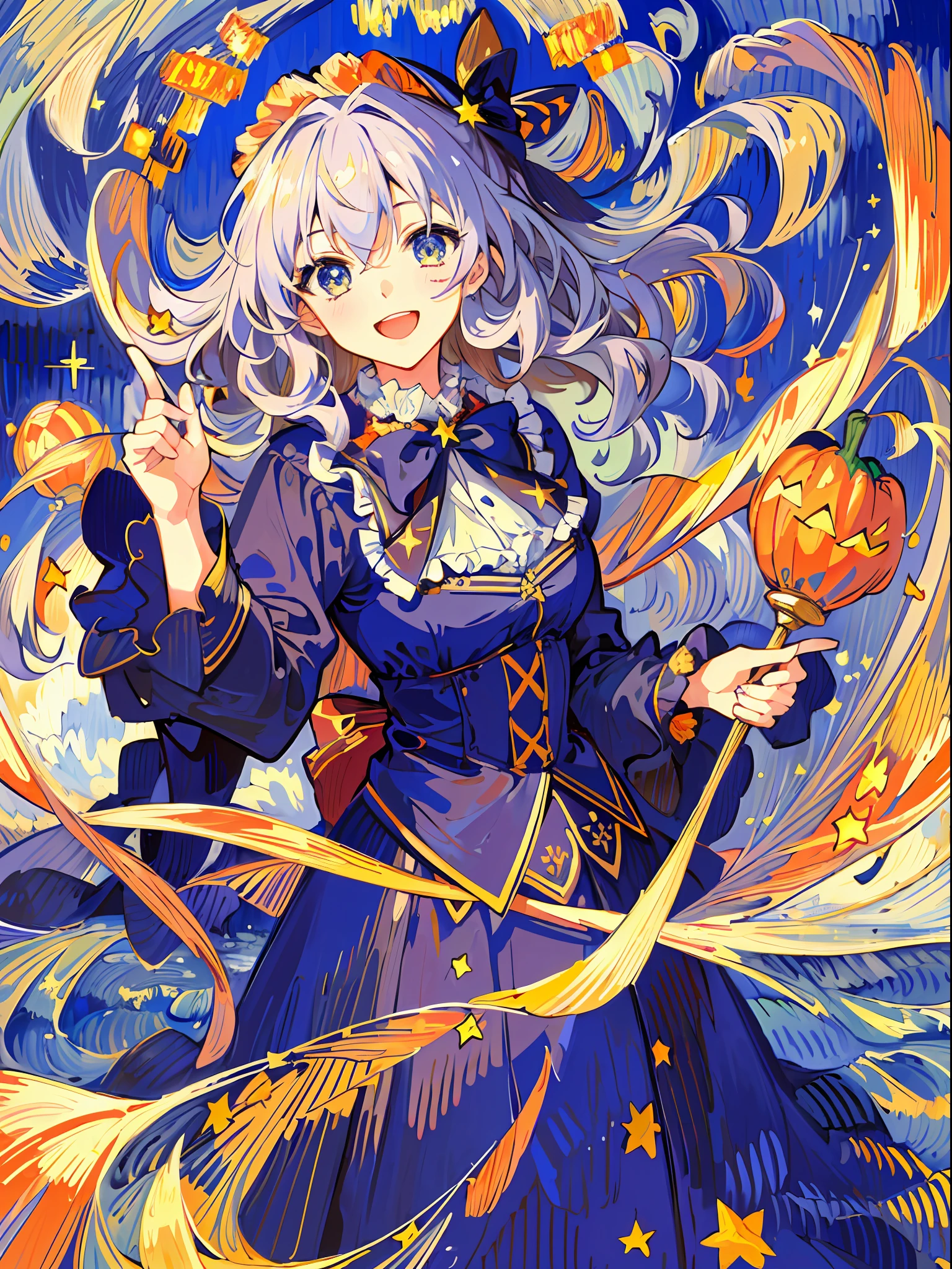 ((masterpiece:1.2, best quality)), 1girl, solo, close up of a girl with curly hair, dress, star (sky), open mouth, ribbons, smile, cape, (impressionism:1.4), alphonse mucha, Halloween colors, colorful candy, magical lights, pumpkins, candies