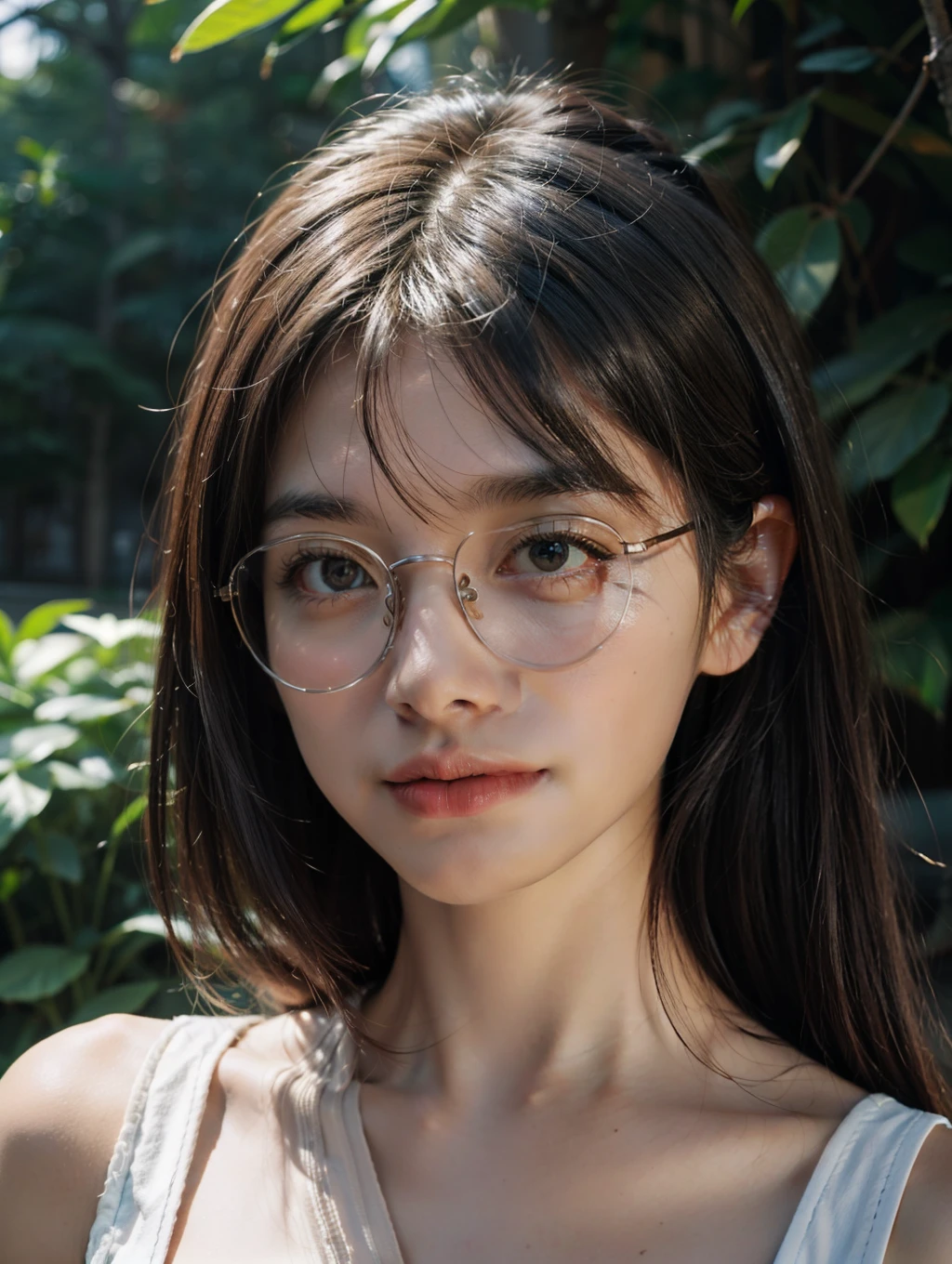 Best quality, masterpiece, super high resolution, wearing glasses, (smirk: 1.2), (BOBO head: 1.3), (waist up: 1.3), (film grain: 1.4), digital photography, bangs, cinematic lighting, (Fuji: 1.2), portrait, close-up of face, clear pores, 1 girl, looking at the viewer, simple background (realistic: 1.2), natural light, outdoors
