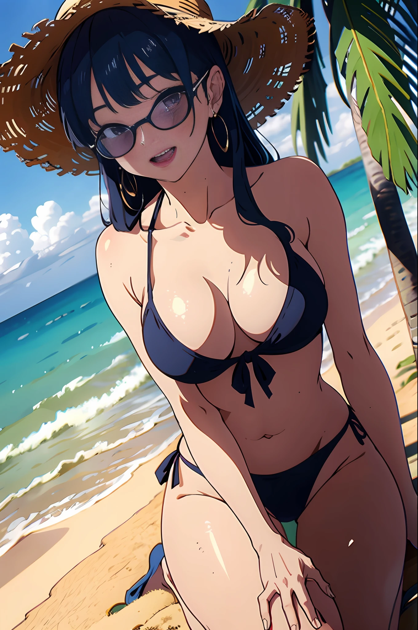 swimsuit, bikini, hat, 1girl, breasts, sunglasses, beach, outdoors, eyewear on head, cleavage, solo, frilled bikini, open mouth, tree, navel, sitting, ocean, smile, black bikini, straw hat, sky, frills, day, palm tree, cloud, orange hair, sun hat, blush, looking at viewer, multicolored hair, bangs, long hair, purple eyes, large breasts, water, blue sky, summer, collarbone, earrings, gradient hair, jewelry, medium hair, cowboy shot body, kneeling, sand, thighs, hair ornament, petals, halterneck, feathers, front-tie bikini top, front-tie top, solo focus, tinted eyewear, bare shoulders, green hair, feet out of frame, hands on own thighs, big thighs