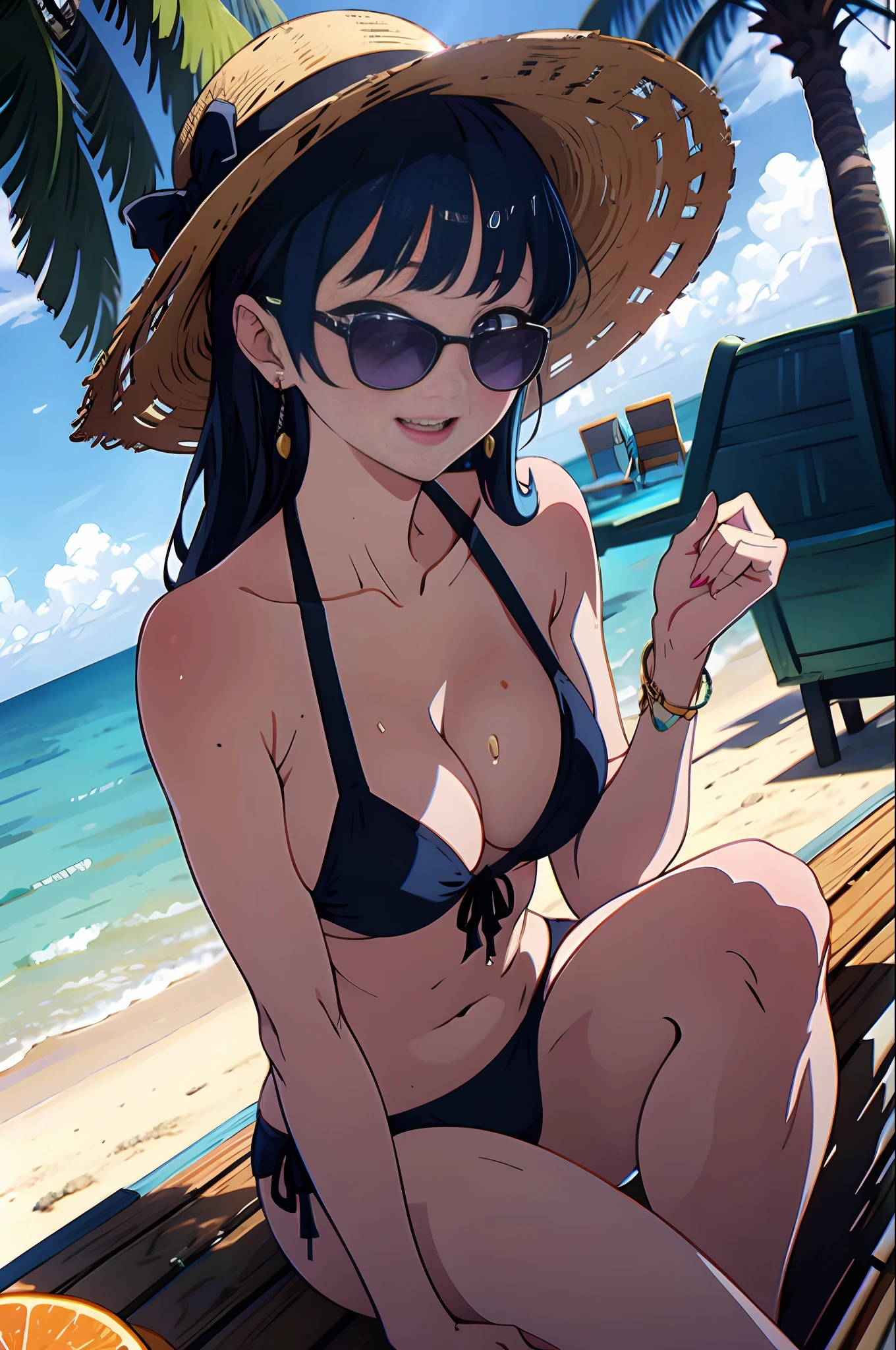 swimsuit, bikini, hat, 1girl, breasts, sunglasses, beach, outdoors, eyewear on head, cleavage, solo, frilled bikini, open mouth, tree, navel, sitting, ocean, smile, black bikini, straw hat, sky, frills, day, palm tree, cloud, orange hair, sun hat, blush, looking at viewer, multicolored hair, bangs, long hair, purple eyes, large breasts, water, blue sky, summer, collarbone, earrings, gradient hair, jewelry, medium hair, cowboy shot body, kneeling, sand, thighs, hair ornament, petals, halterneck, feathers, front-tie bikini top, front-tie top, solo focus, tinted eyewear, bare shoulders, green hair, feet out of frame, hands on own thighs, big thighs