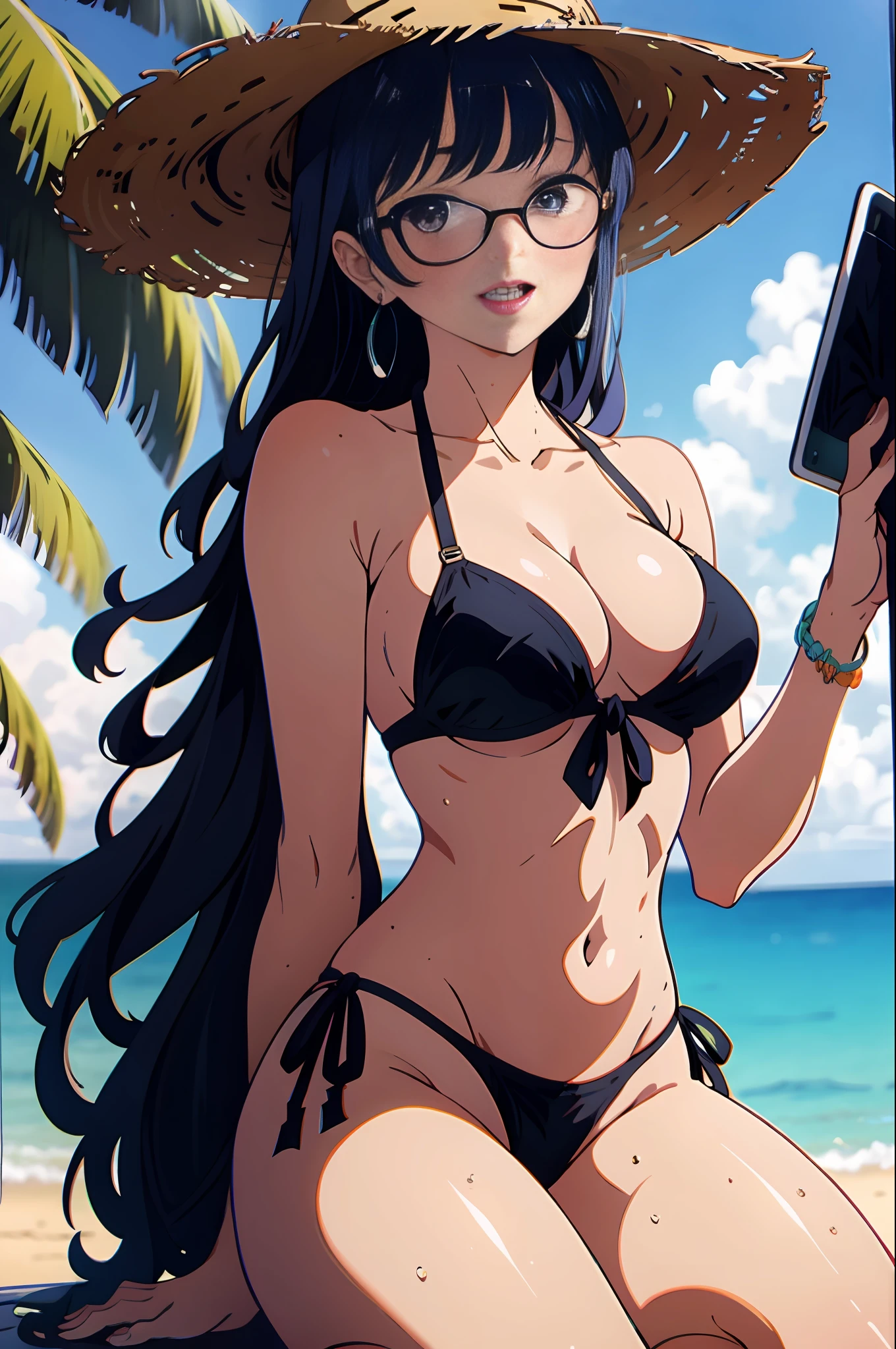 swimsuit, bikini, hat, 1girl, breasts, sunglasses, beach, outdoors, eyewear on head, cleavage, solo, frilled bikini, open mouth, tree, navel, sitting, ocean, smile, black bikini, straw hat, sky, frills, day, palm tree, cloud, orange hair, sun hat, blush, looking at viewer, multicolored hair, bangs, long hair, purple eyes, large breasts, water, blue sky, summer, collarbone, earrings, gradient hair, jewelry, medium hair, cowboy shot body, kneeling, sand, thighs, hair ornament, petals, halterneck, feathers, front-tie bikini top, front-tie top, solo focus, tinted eyewear, bare shoulders, green hair, feet out of frame, hands on own thighs, big thighs