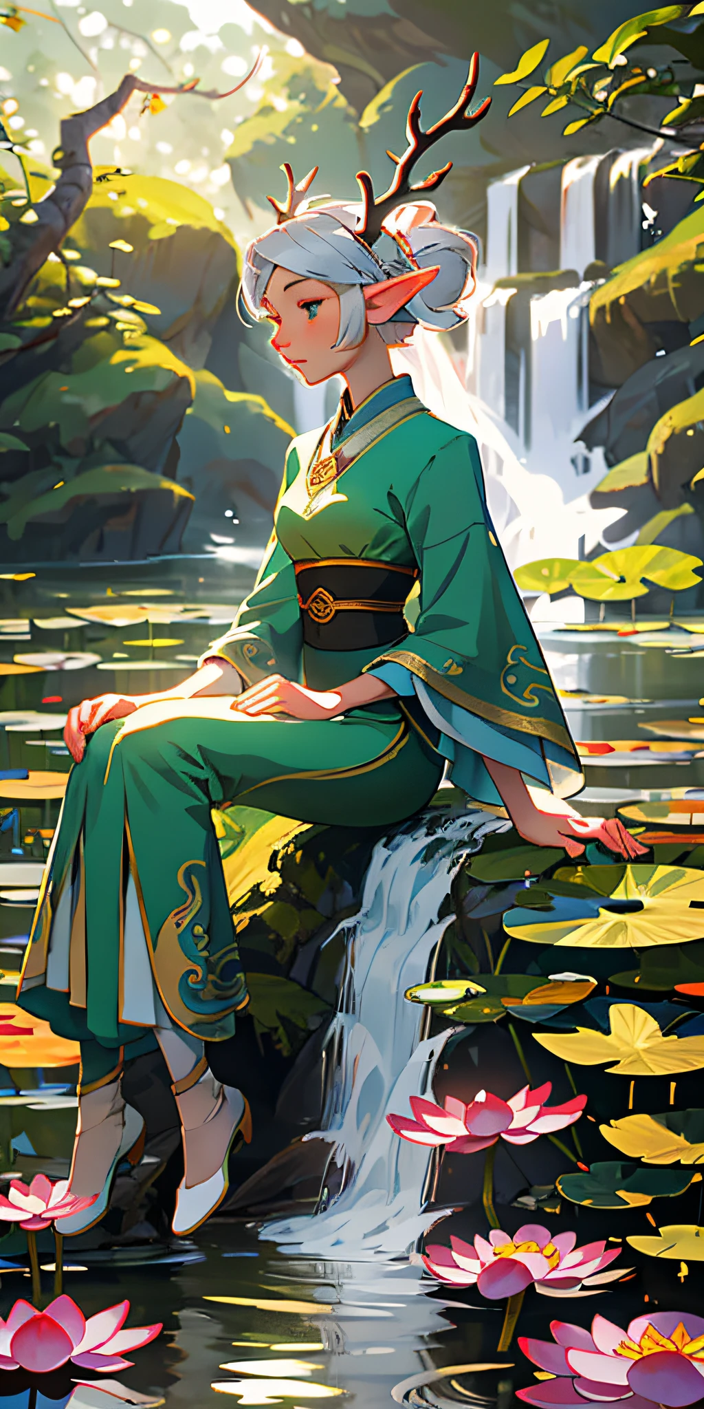 (masterpiece, best quality), 1girl, elf, misty forest, sitting, in water, waterfall, deer antlers, lotus, looking away, blurry foreground, sunlight, bokeh