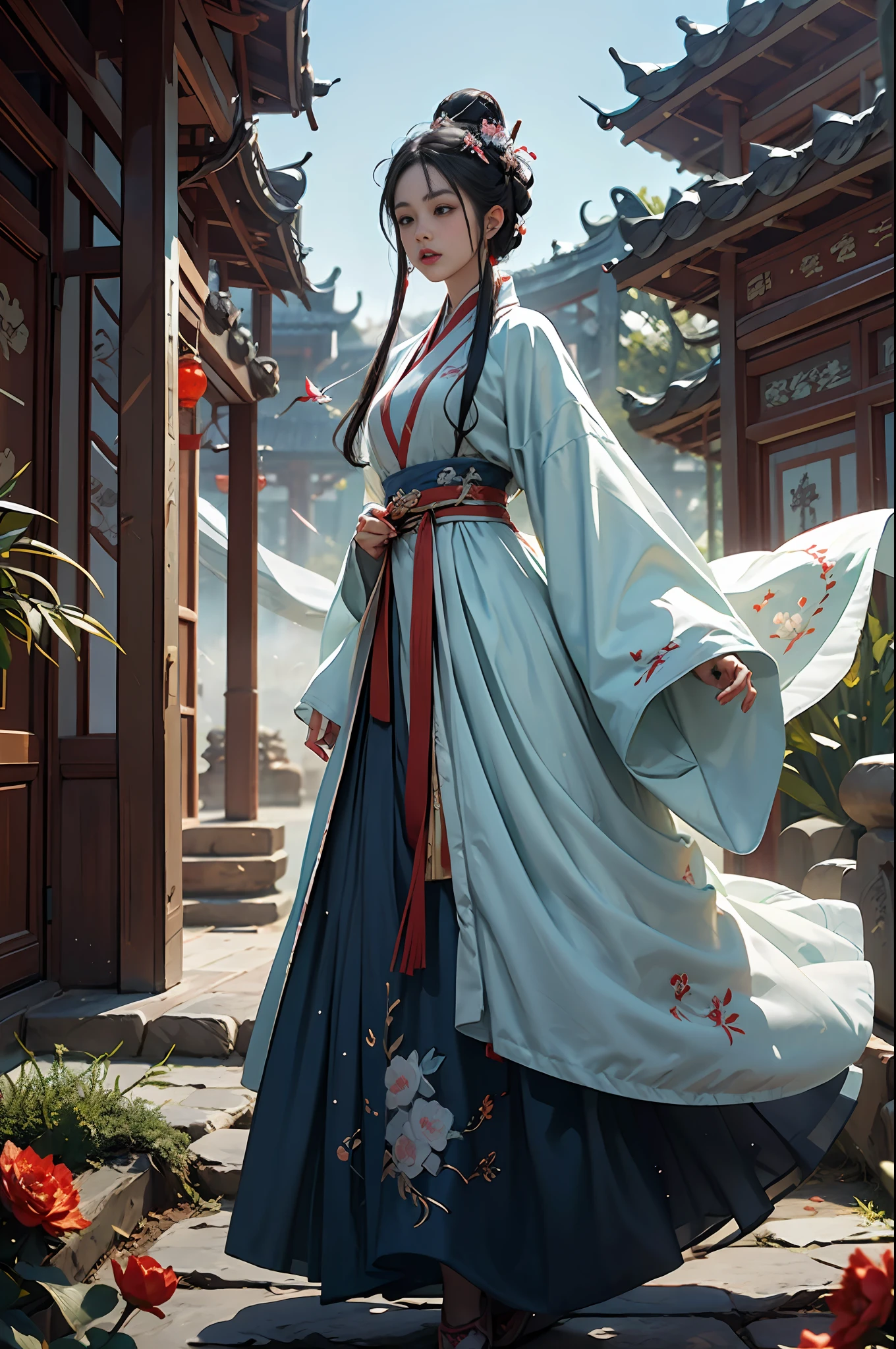 official art, Unity 8k wallpaper, super detailed, beautiful, beautiful, masterpiece, best quality, mystery, romanticism, horror, literature, art, fashion, tang dynasty era, decoration, intricate, embroidery, blue hanfu, white tulle coat, 1 girl, black hair, peony hairpin, sad, fatalistic, bust composition, dramatic composition, movie lighting, dynamic perspective, full of temptation, white flowers, blue flowers, red flowers, butterflies flying, Chinese dynasty garden background, hazy, foggy, dramatic composition,