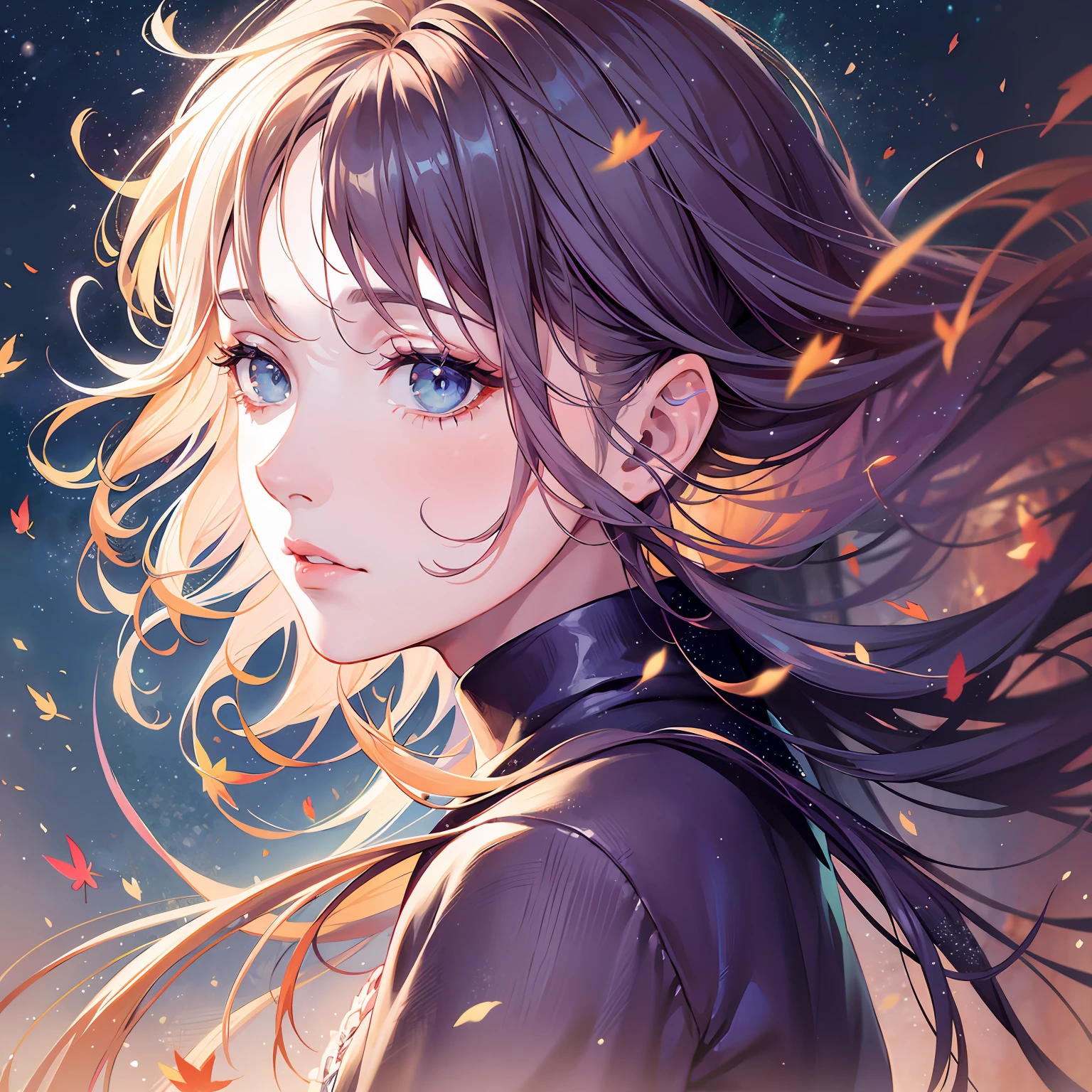 head portrait, realistic, 1girl, eyes, loli, lots of frills, black long dress, starry sky, black hair blowing in the wind, trees, bloom light effect --auto