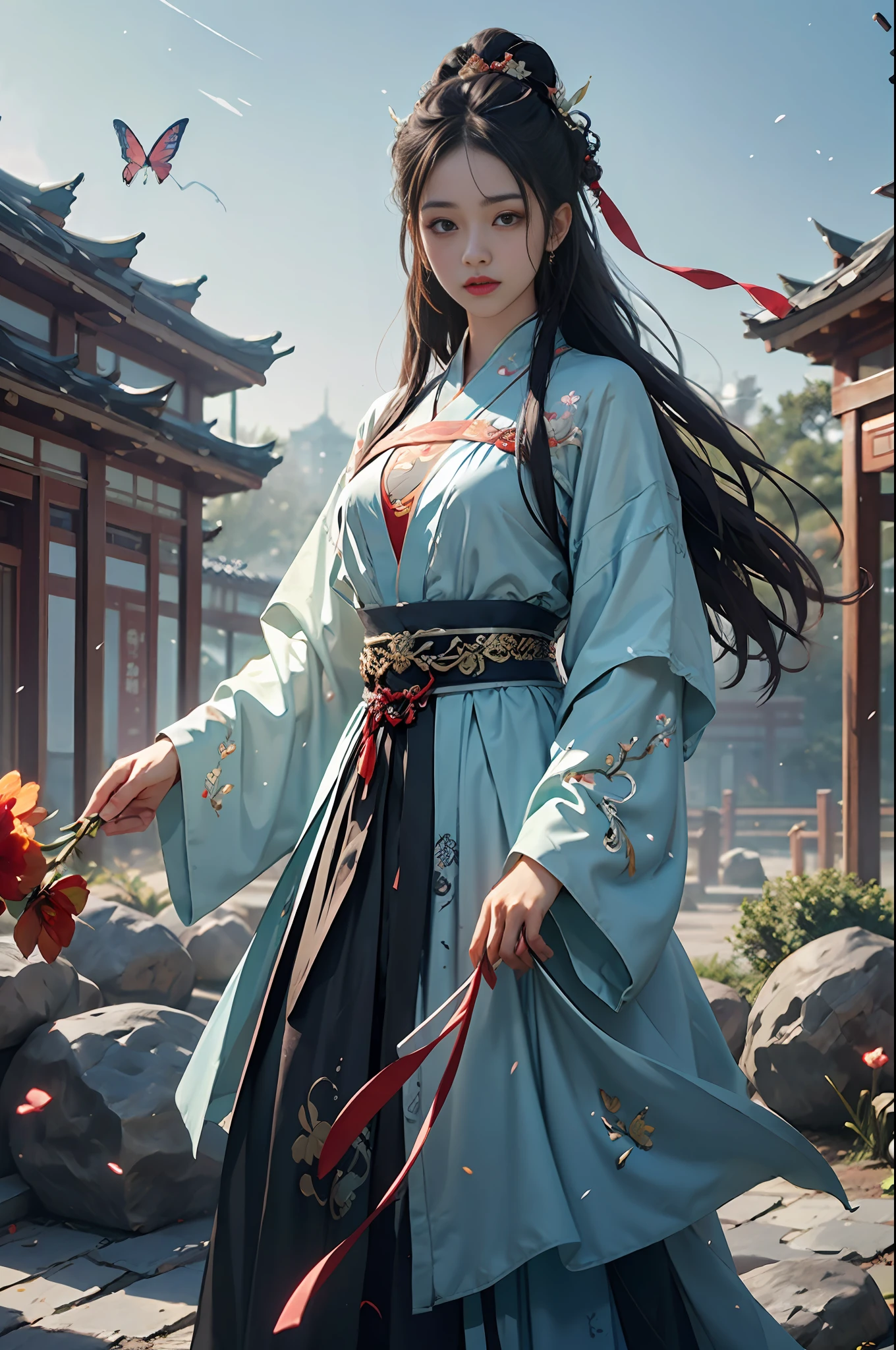 official art, Unity 8k wallpaper, super detailed, beautiful, beautiful, masterpiece, best quality, mystery, romanticism, horror, literature, art, fashion, tang dynasty era, decoration, intricate, embroidery, blue hanfu, white tulle coat, 1 girl, black hair, peony hairpin, sad, fatalistic, bust composition, dramatic composition, movie lighting, dynamic perspective, full of temptation, white flowers, blue flowers, red flowers, butterflies flying, Chinese dynasty garden background, hazy, foggy, dramatic composition,