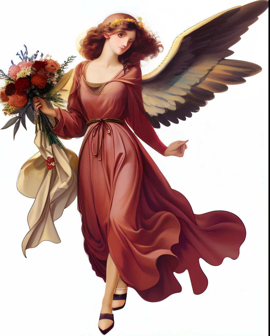 an image of a woman in a pink dress holding a bouquet of flowers, by Evelyn De Morgan, angel protecting woman, 2 angels, full of paintings of angels, biblically accurate angels, by Julius Klinger, inspired by Evelyn De Morgan, angelical, by Marie Angel, seraphim, angels, angel spirit guide, by Jan Henryk Rosen --auto