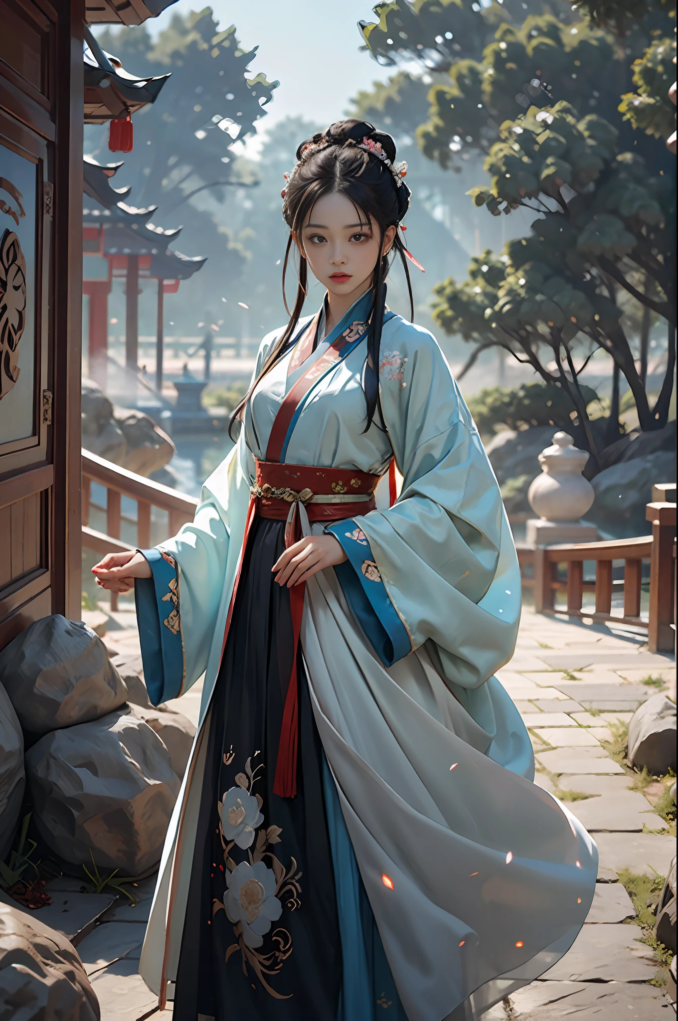 official art, Unity 8k wallpaper, super detailed, beautiful, beautiful, masterpiece, best quality, mystery, romanticism, horror, literature, art, fashion, tang dynasty era, decoration, intricate, embroidery, blue hanfu, white tulle coat, 1 girl, black hair, peony hairpin, sad, fatalistic, bust composition, dramatic composition, movie lighting, dynamic perspective, full of temptation, white flowers, blue flowers, red flowers, butterflies flying, Chinese dynasty garden background, hazy, foggy, dramatic composition,