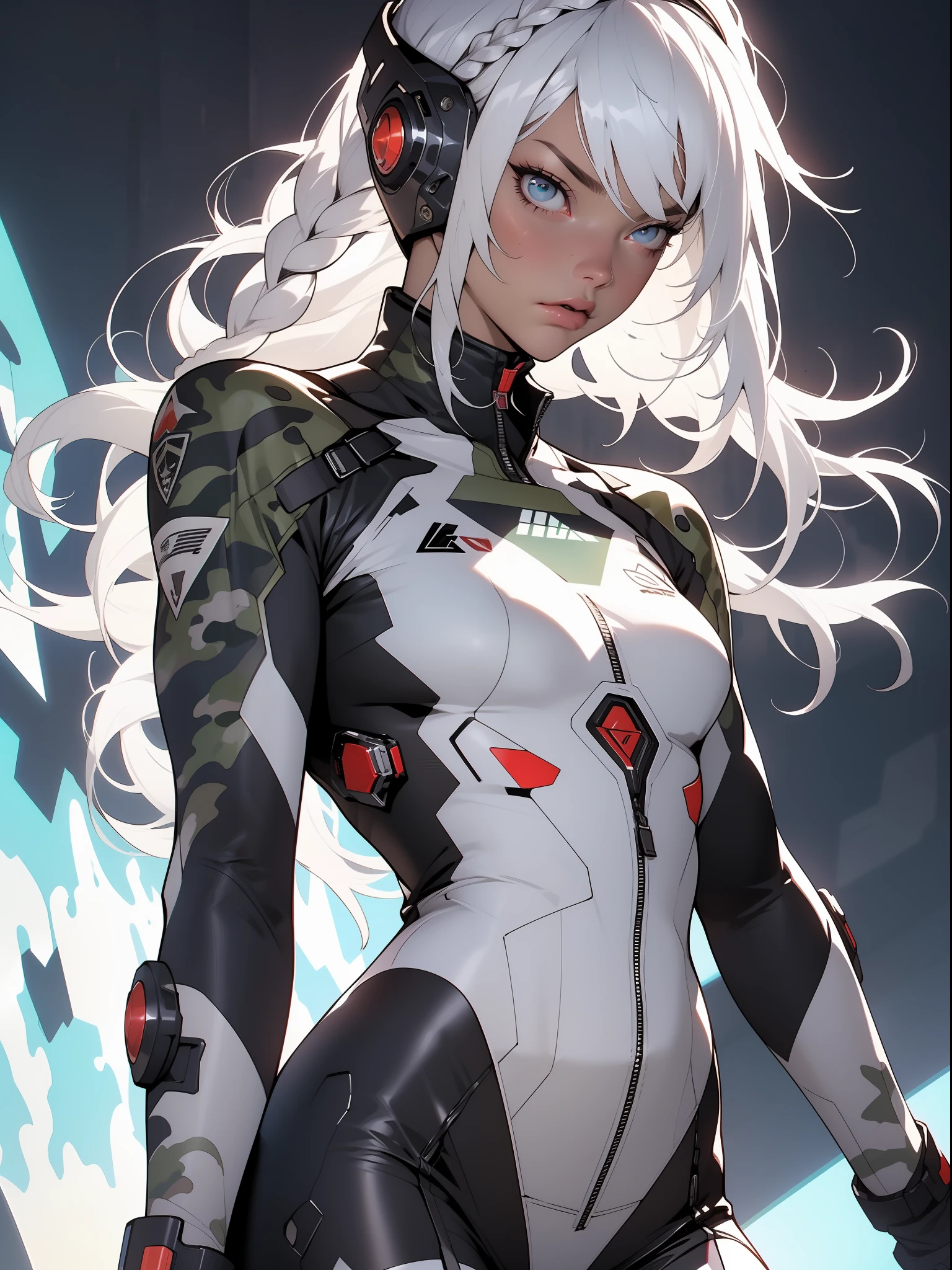 ((Best quality)), ((masterpiece)), (detailed: 1.4), (Absurd), War-ready female fighter pilot with military helmet, Marine, dark skin, defined muscular sculptural body, full body, bare half-thick thighs, closed mouth, muscular body covered in technological clothing, cyberpunk, semi naked, generous neckline, ((perfect medium breasts)), (super light blue eyes without pupils), (((military camouflage clothing)),  (((white hair with braid)))), long eyelashes heavy makeup, garter belt, by mucha, niji --V5, close to real, psychopathic, crazy face, sexy pose, background with a giant head of Neon style robot Genesis evangelion, 2 piece clothing, shoulder pads with airplane wings, pastel, centered, scale to fit the dimensions, HDR (High Dynamic Range),Ray Tracing, NVIDIA RTX,Super-Resolution,Unreal 5,Subsurface Dispersion, PBR Texture, Post-processing, Anisotropic filtering, Depth of field, Maximum clarity and sharpness, Multilayer textures, Albedo and specular maps, Surface shading, Accurate simulation of light-material interaction, Perfect proportions, Octane Render, Two-tone lighting, Wide aperture, Low ISO, White balance, Rule of thirds, 8K RAW, crysisnanosuit