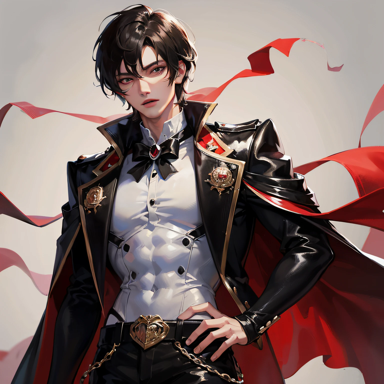Absurd, high resolution, super detailed), 1 male, adult, handsome, tall muscular man, broad shoulders, scarlet eyes and delicate face, black hair, fantasy, vampire