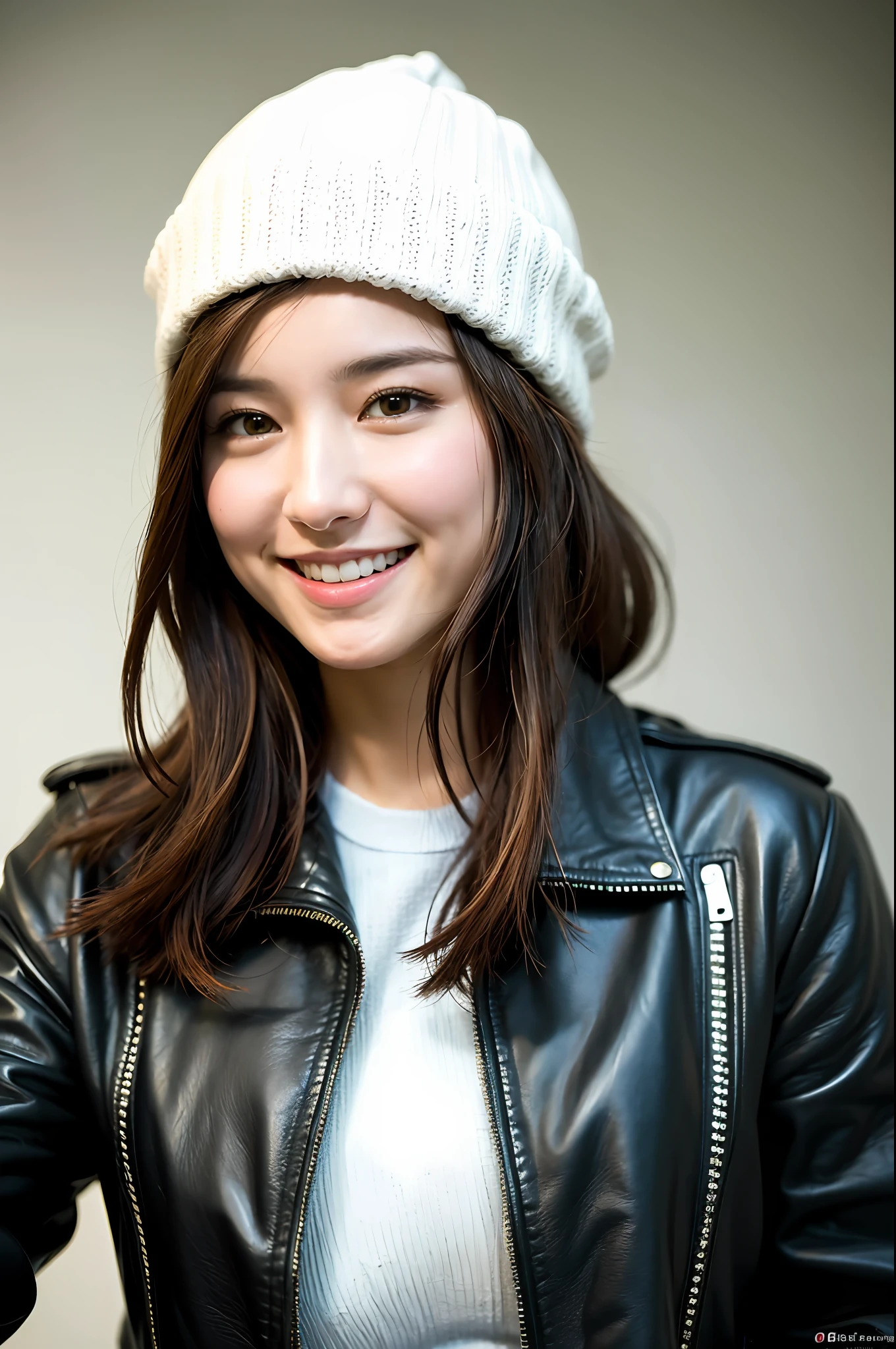 (
(8k:1.27), best quality, masterpiece, ultra highres:1.2) Photo of Pretty Nude Smiling Japanese woman
(beautiful:1.1) (sci-fi warrior woman:1.1) space soldier, (beanie:1.61) (leather jacket:1.21) intricate elegant, fantasy, detailed, ometric by greg rutkowski and alphonse mucha, gradient lighting