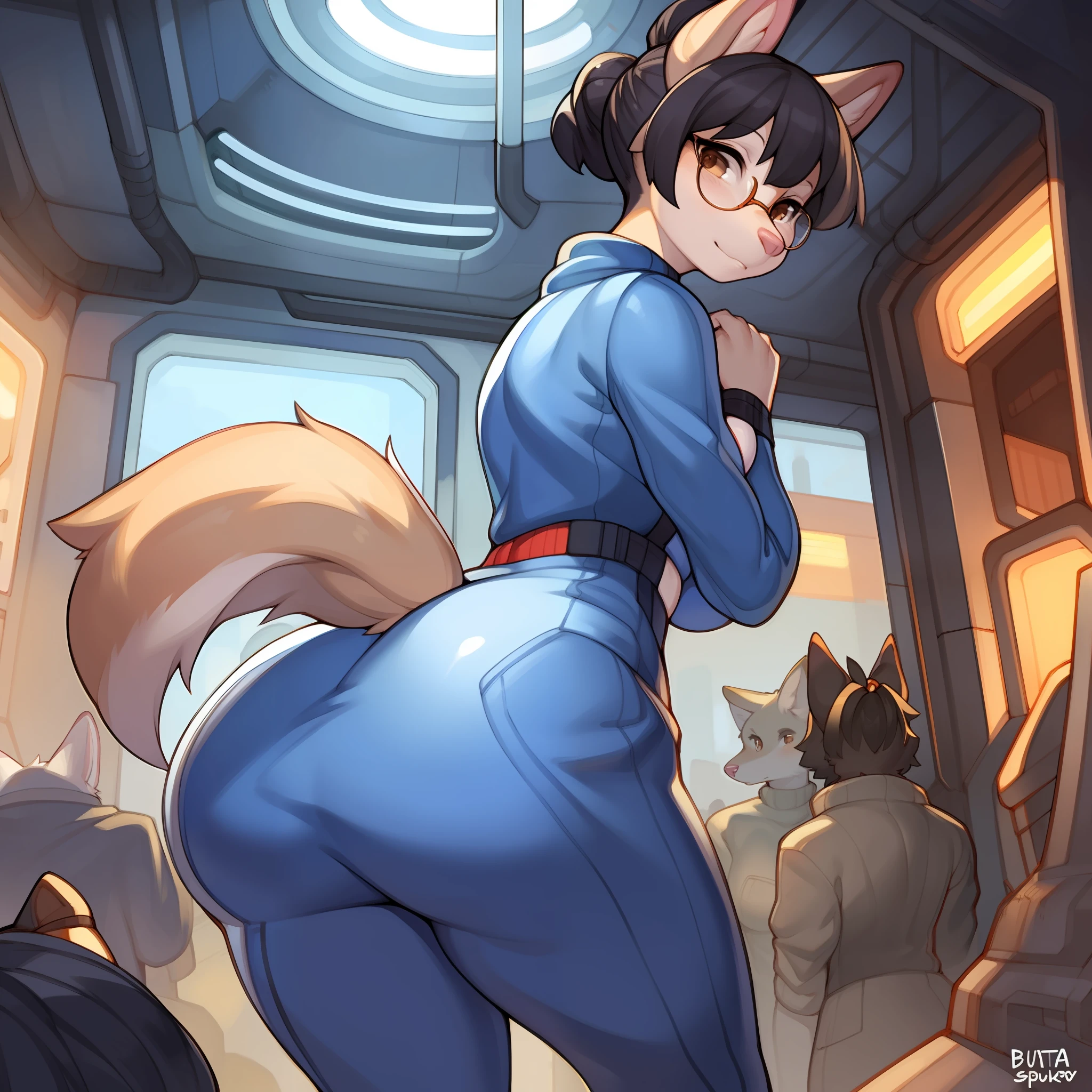 Solo, female, canine, tan fur, brown eyes, detailed eyes, glasses, detailed hands, black hair, small hair bun, medium breasts, turtleneck, blue spacesuit, plain fur, pink nose, lips, snout, spaceship, window, smoggy planet, factories, crowds of people in the background, by buta99, by chelodoy, by spikedmauler, by cervina7, standing, looking at viewer, pink inner ears, floppy ears, flopped ears, big butt