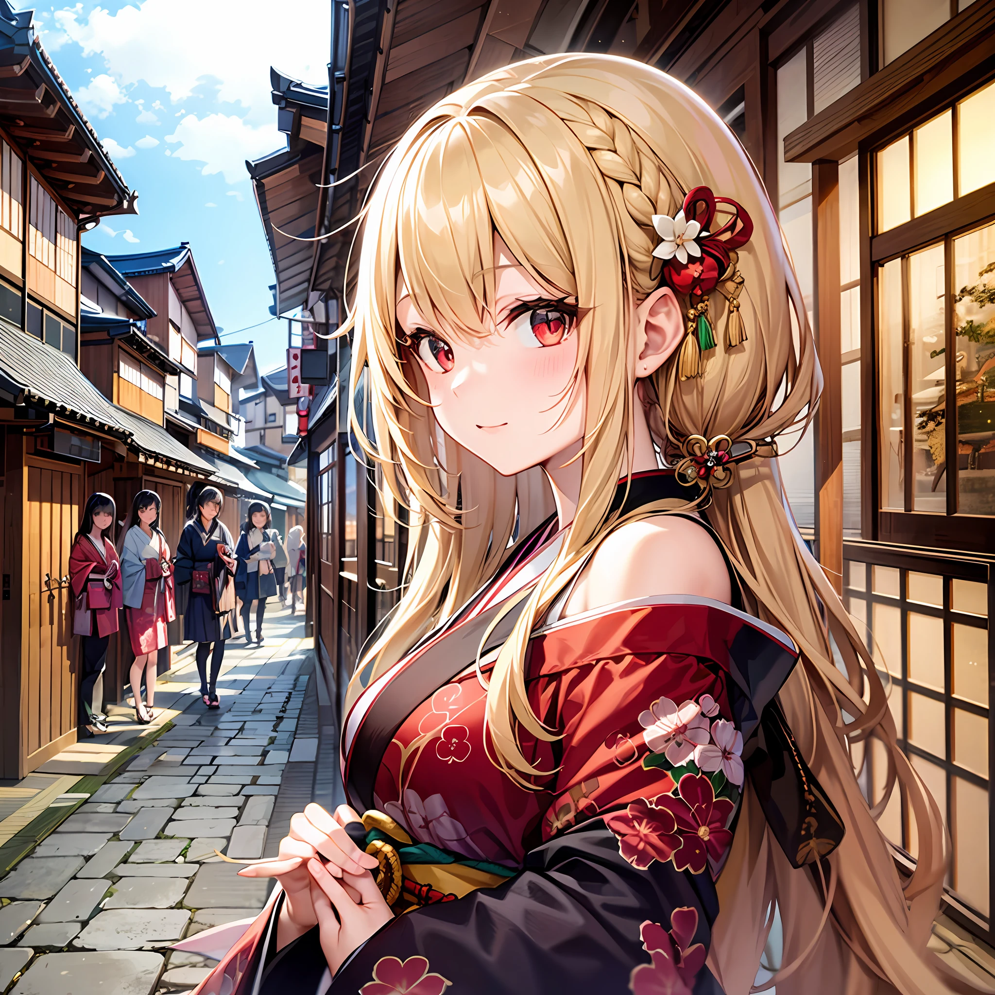 Blonde girl alone, red eyes, kimono, off shoulder, kyoto, festival