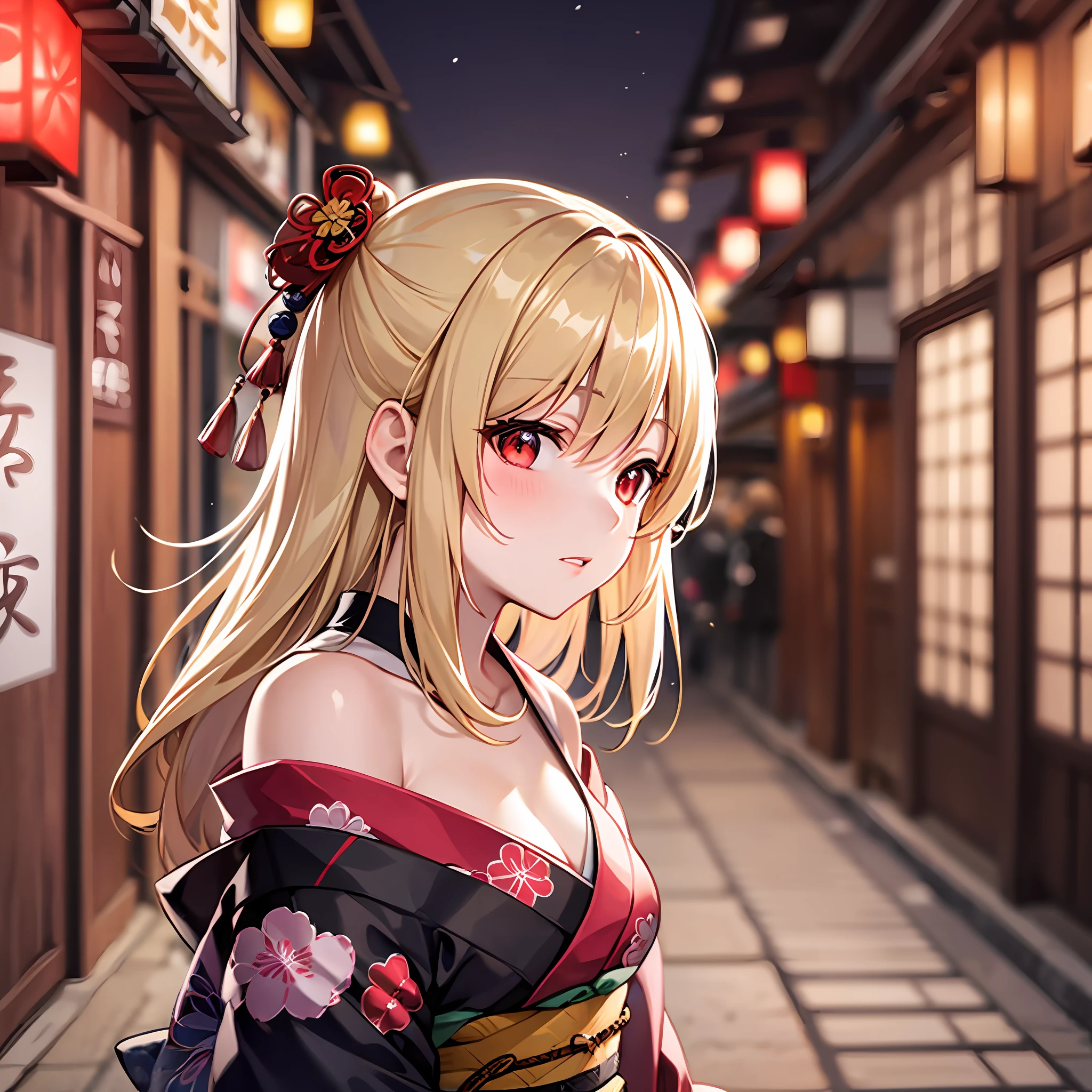 Blonde girl alone, red eyes, kimono, off shoulder, kyoto, festival