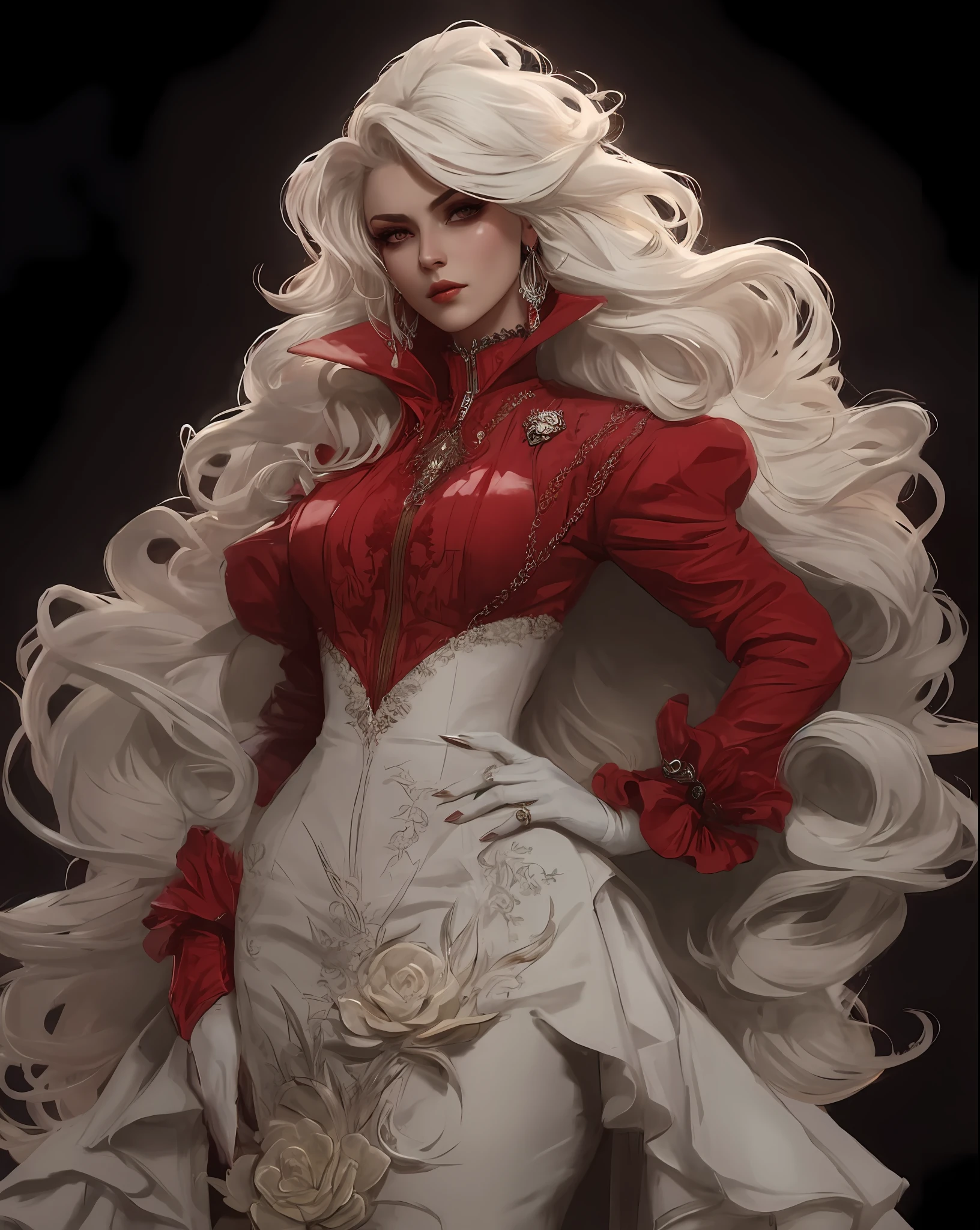 a close up of a woman with long white hair wearing a red jacket, stunning character art, epic exquisite character art, beautiful character painting, detailed white long hair, rococo cyberpunk, ornate cosplay, beautiful elegant demon queen, style of karol bak, with long white hair, with white long hair, ((a beautiful fantasy empress)), ross tran style