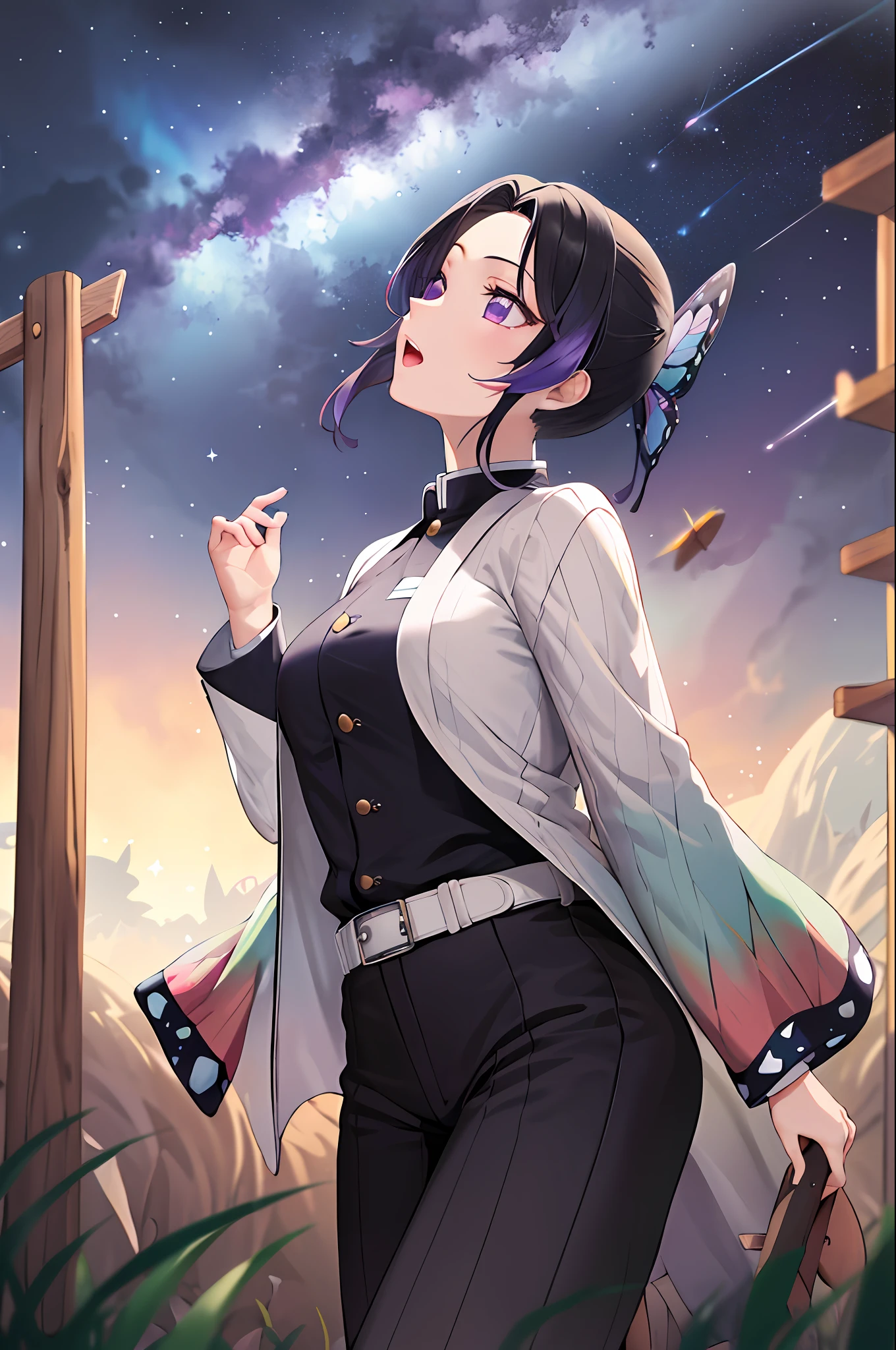 Masterpiece, Best Quality, Hi-Res, 1girl, Solo, Kocho Shinobi, Butterfly Hair Ornament, Purple Eyes, Multicolored Hair, Short Hair, Parted Bangs, Black Pants, Black Jacket, Long Sleeves, Belt, Cowboy Shot, In the Woods, Looking Up at the Starry Sky, Close Mouth, Night with Countless Stars, Milky Way