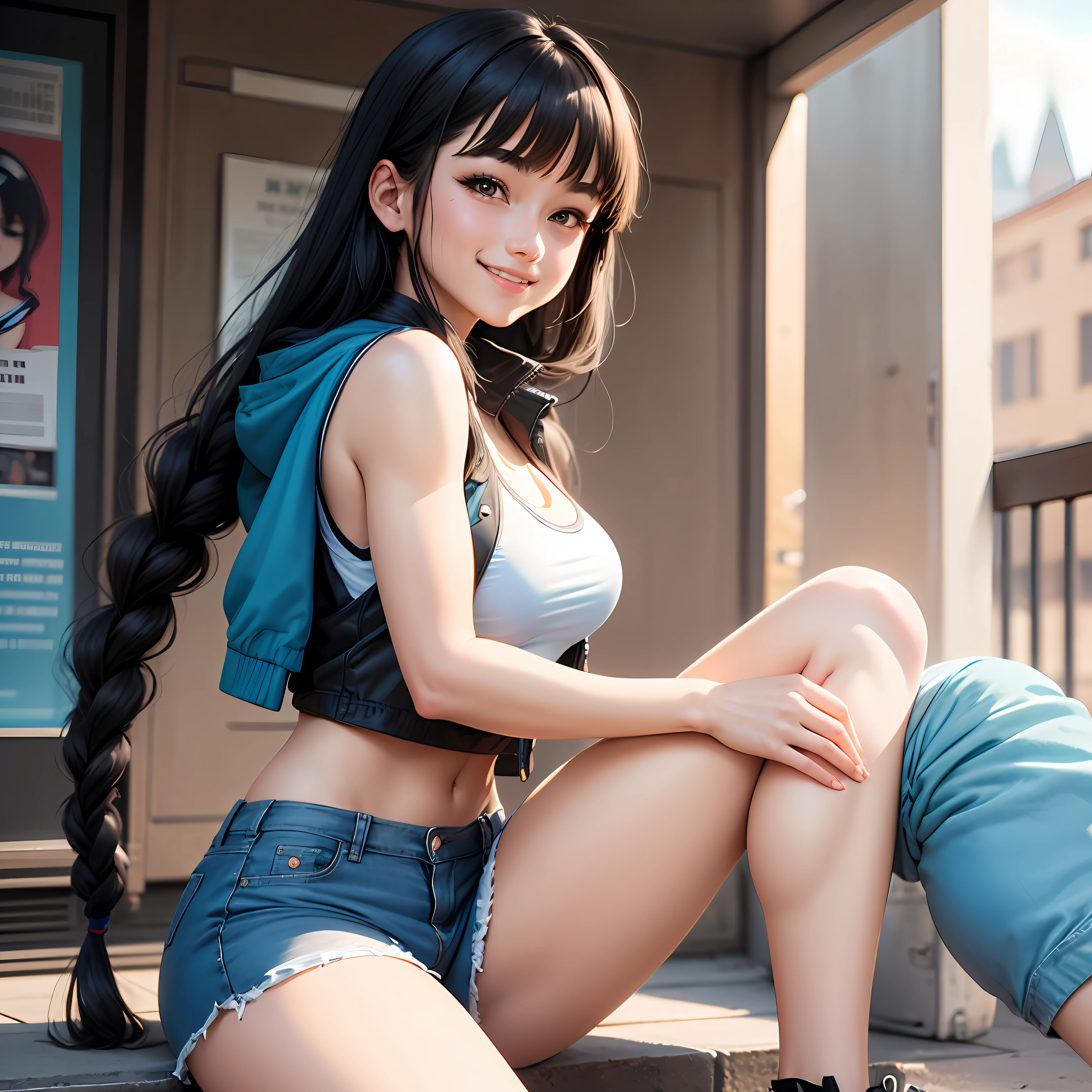 Young high school girl smiling, black hair with long braid, hair with bangs, Russian girl, athletic body, wearing a sleeveless jacket, wearing a knee-high blue shorts, cool, powerful, muscular girl, 2d character, comics style