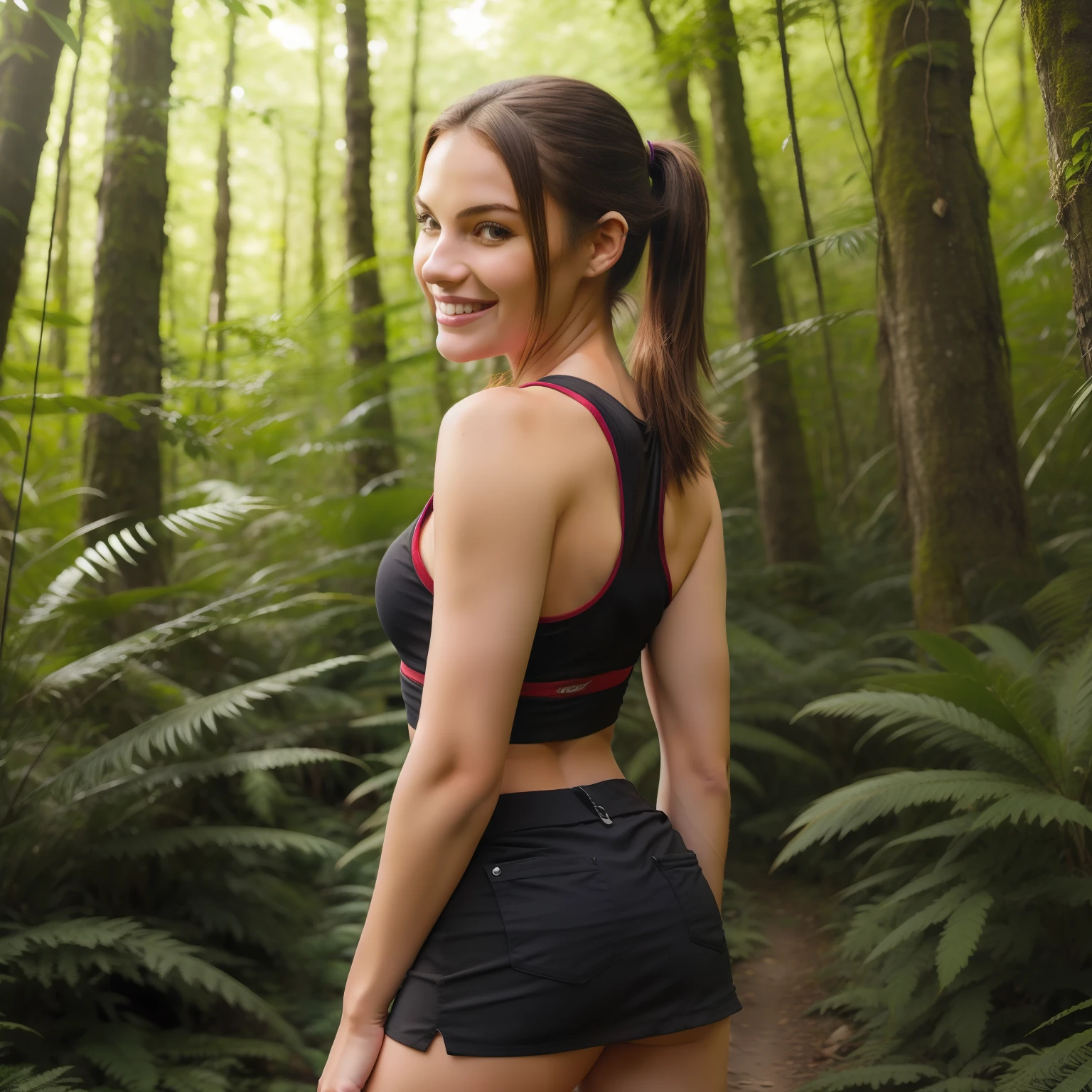 (photorealistic:1.ung woman looking back over her shoulder and smiling while hiking in a dense forest, long ponytail, wearing a red tank top and black miniskirt and hiking boots, wearing backpack, lush vegetation, beautiful woman, stunning scenery