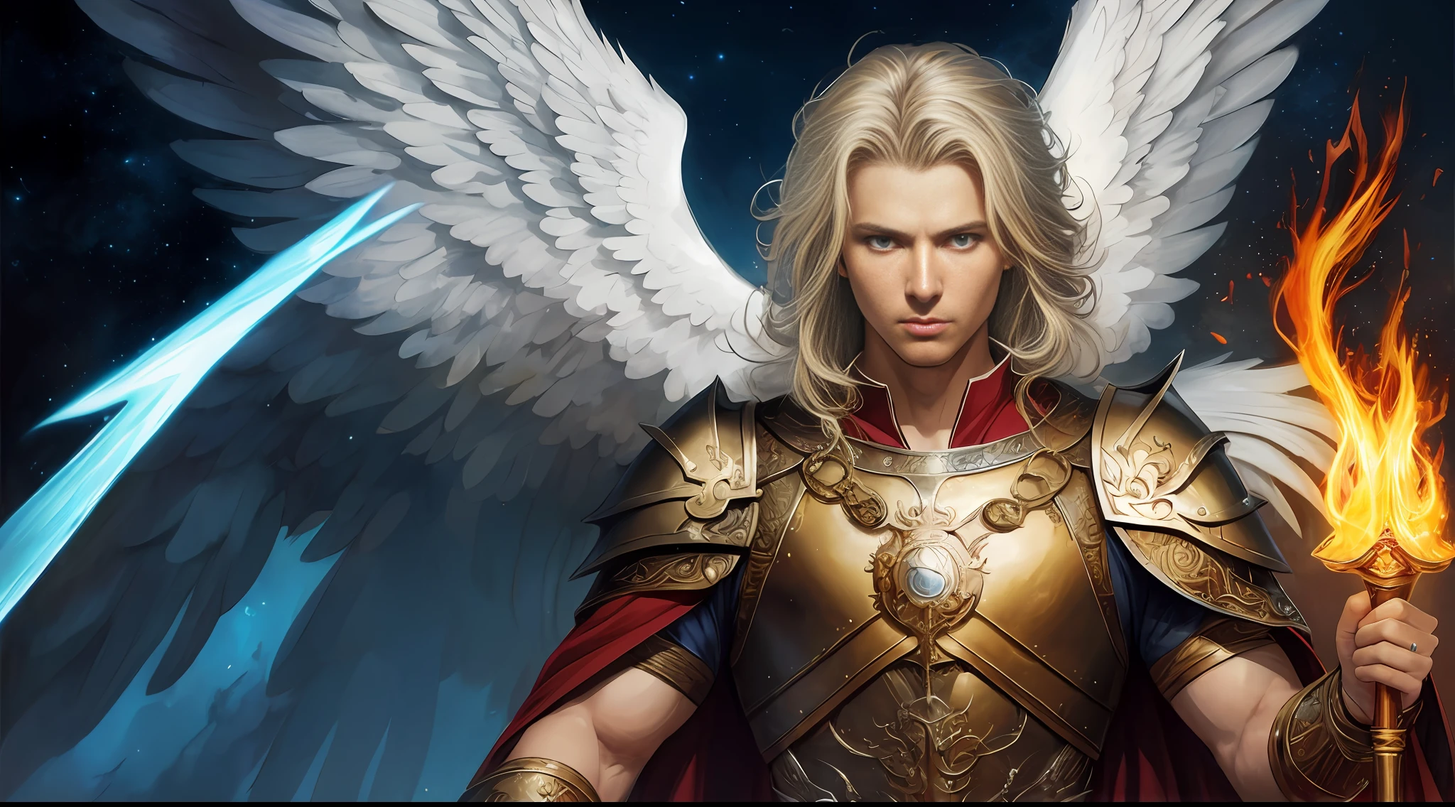 A mature man like powerful Archangel Michael, with a muscular constitution and blond hair, is in battle armor, flaming blue sword of golden pearls, a flaming sacred aura radiating from his body, extremely detailed white wings, fantasy male portrait, finely detailed angelic face, portrait of a beautiful angel, graphic artist magali villeneuve, holy spirit, a blue cape rippling in the wind and a background of spiritual sky. Rendered in UHD with a highly detailed and realistic painting style inspired by the works of fantasy art portrait, archangel, epic fantasy art portrait, (anime realism, photorealistic: 1.4), perfect composition, centered, inspired by the works of Roman Bezpalkiv, fantasy art behance, Laura Sava, Luis Royo --auto