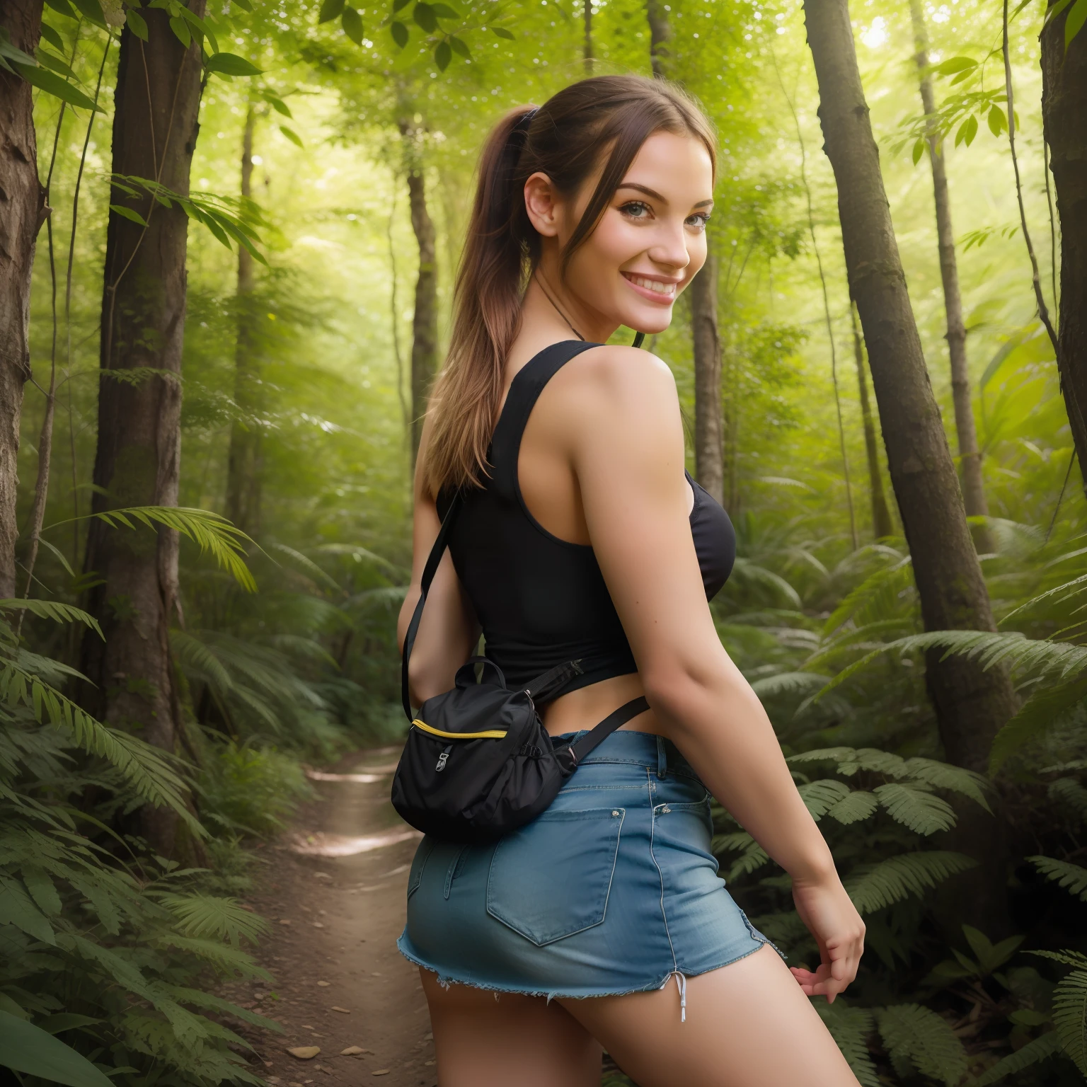 (photorealistic:1.ung woman looking back over her shoulder and smiling while hiking in a dense forest, long ponytail, wearing a red tank top and black miniskirt and hiking boots, wearing backpack, lush vegetation, beautiful woman, stunning scenery