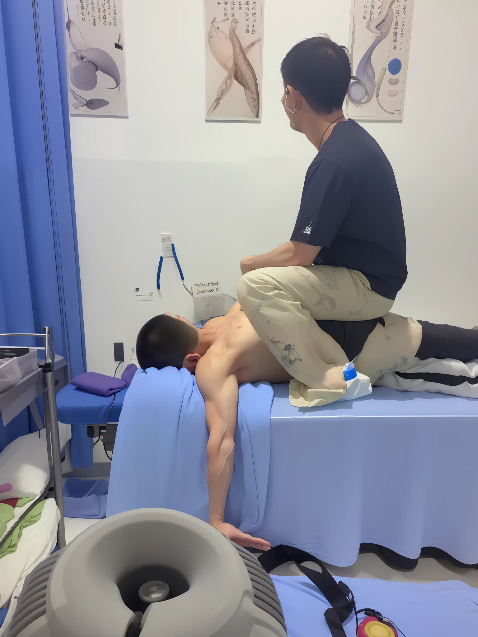 there is a man that is getting a massage on a bed, acupuncture treatment, real shot, chinese surgery operating table, taken in 2 0 2 0, competition winning, body swelling about to explode, medical photography, by Wen Boren, ots shot, painful, taken on iphone 1 3 pro, surgery, 🤬 🤮 💕 🎀, exclusive, jinyiwei