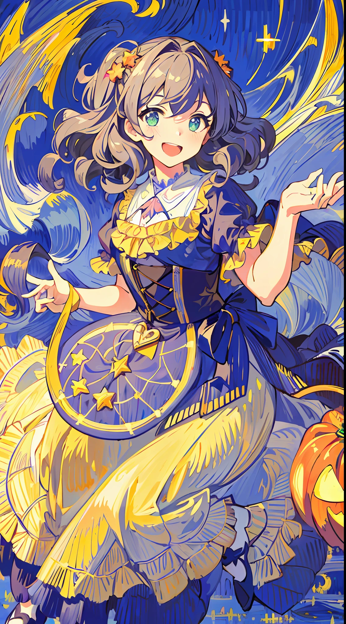 ((masterpiece:1.2, best quality)), 1girl, solo, close up of a girl with curly hair, dress, star (sky), open mouth, ribbons, smile, cape, (impressionism:1.4), alphonse mucha, Halloween colors, colorful candy, magical lights, pumpkins, candies