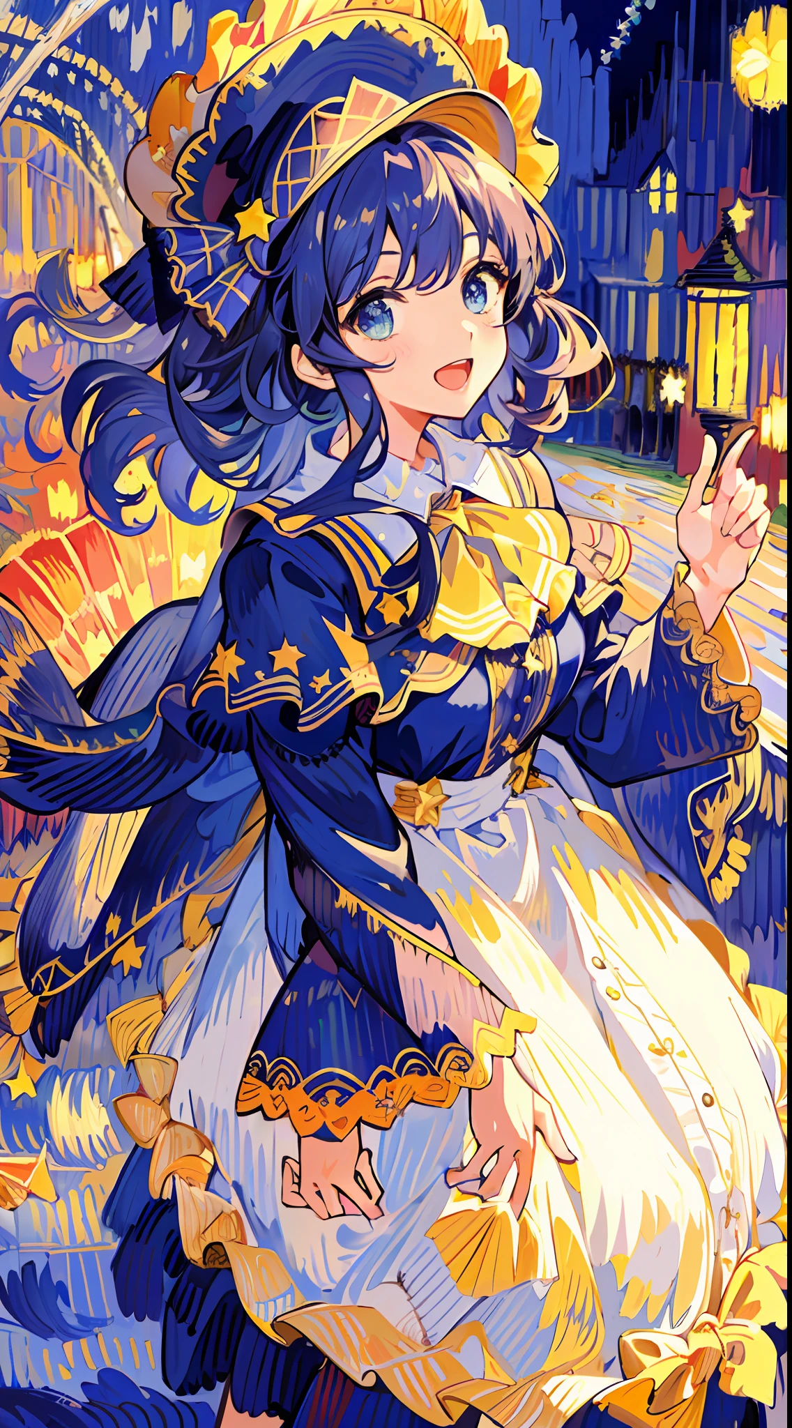 ((masterpiece:1.2, best quality)), 1girl, solo, close up of a girl with curly hair, dress, star (sky), open mouth, ribbons, smile, cape, (impressionism:1.4), alphonse mucha, Halloween colors, colorful candy, magical lights, pumpkins, candies