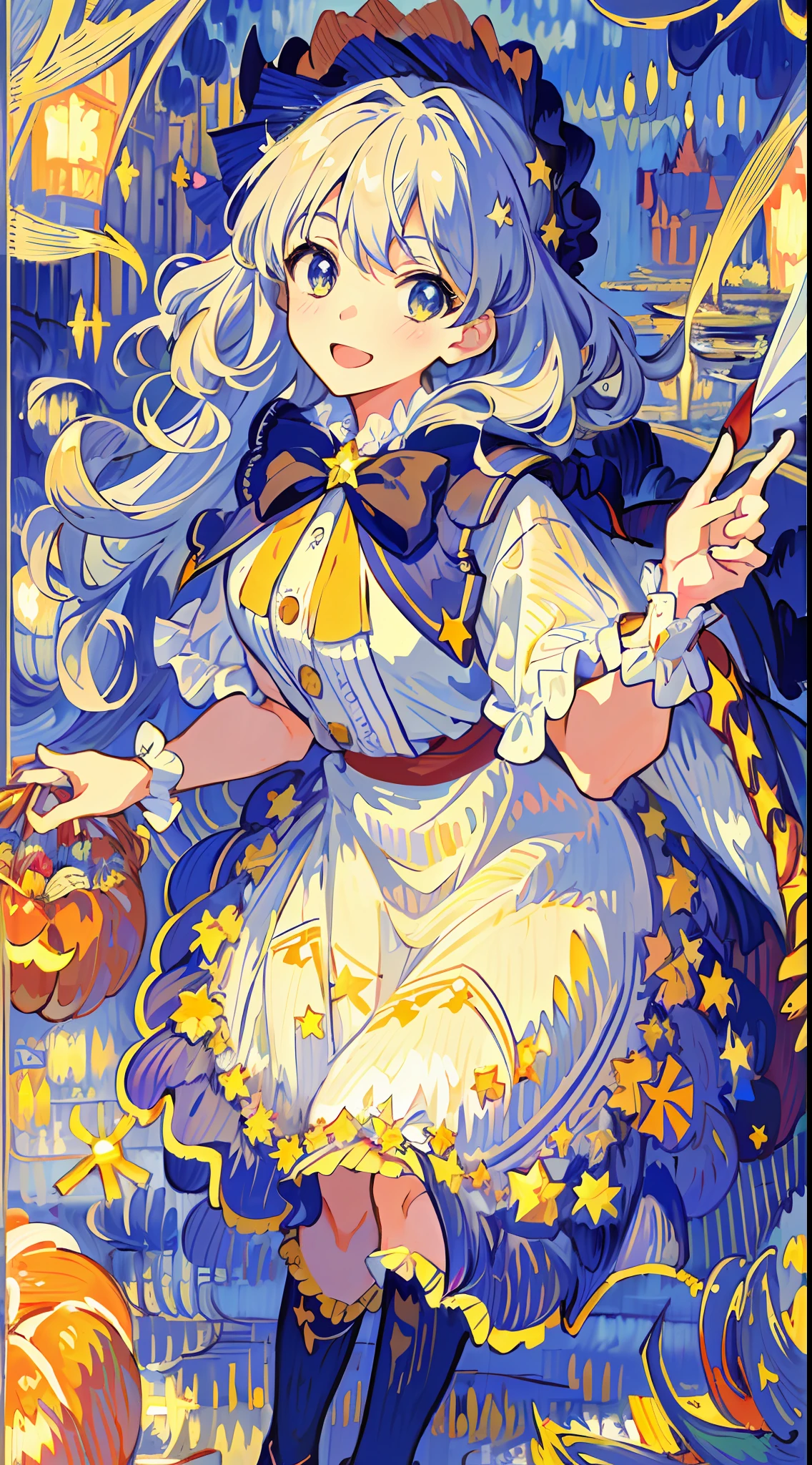 ((masterpiece:1.2, best quality)), 1girl, solo, close up of a girl with curly hair, dress, star (sky), open mouth, ribbons, smile, cape, (impressionism:1.4), alphonse mucha, Halloween colors, colorful candy, magical lights, pumpkins, candies