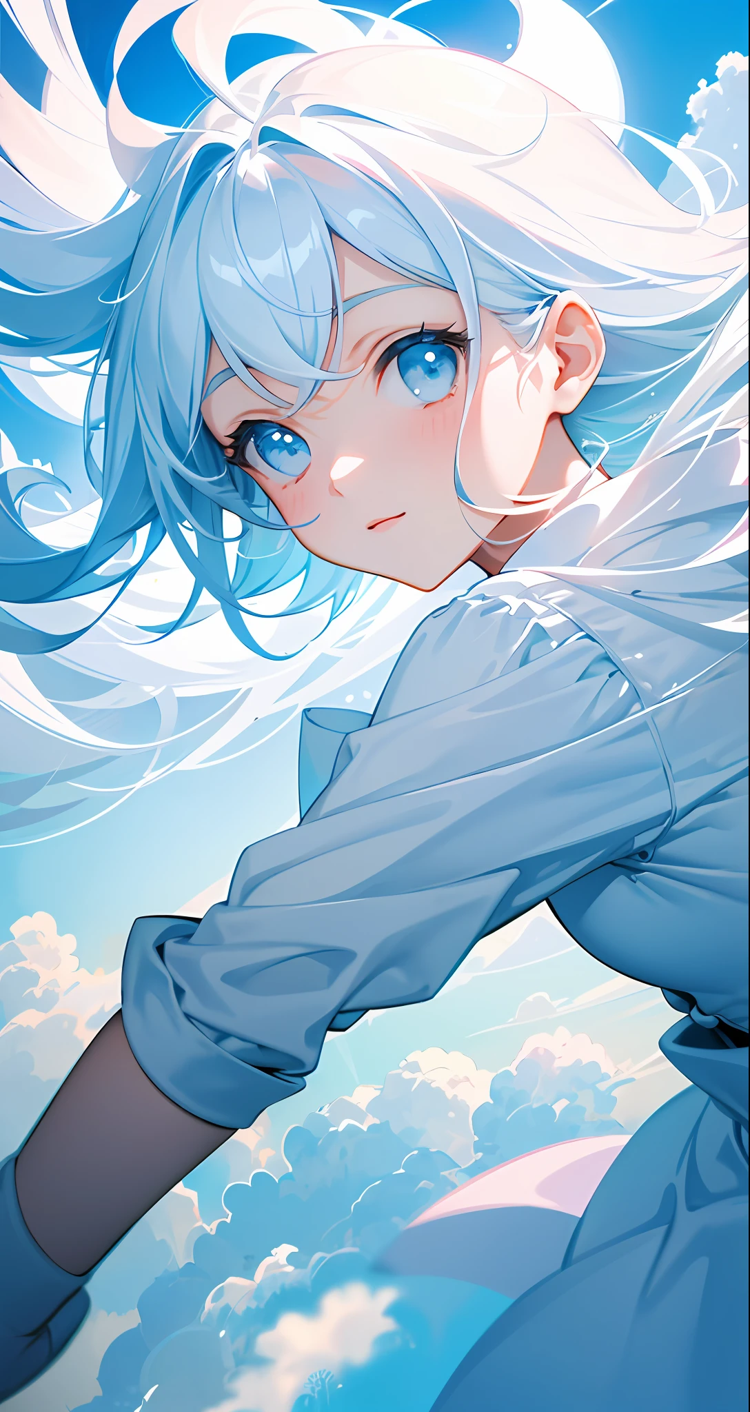 masterpiece, best quality, movie still, 1girl, floating in the sky, cloud girl, cloud, (close-up:1.1), bright, happy, fun, soft lighting, (Bauhaus, shapes, lines, abstract:1.1)