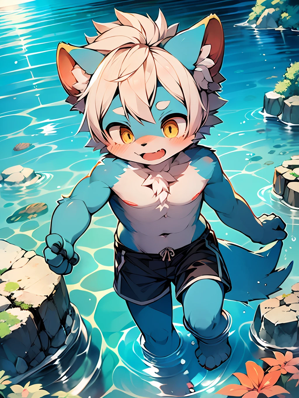 (by Dagasi: 1.1), BREAk, master masterpiece, high resolution, 8k, detailed background, high quality, BREAk, BREAk, (light blue fur, white hair, black sclera, yellow eyes, fluffy fur, detailed fur)) furry, broken, masculine, boy, humanoid, shorts, swimming trunks, ((( deep sea, under the sea, in the sea, play in the water, swimming, diving)))), solo, fish, topless