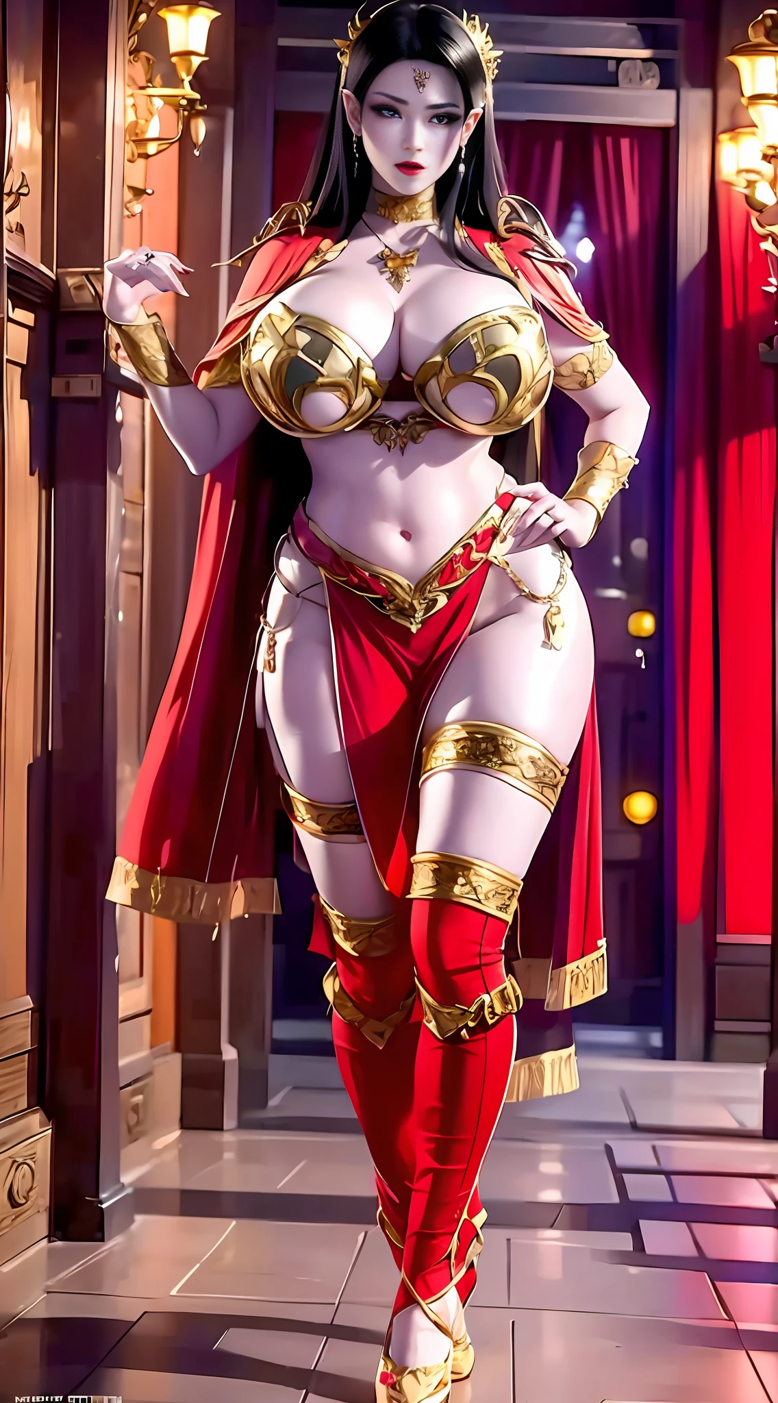 Unreal Engine 5 Realistic Rendering, Excellent, black hair, golden eyes, red group, full armor, royal cape, milf, looking on viewer, Donghua character, cosplayer, walking down hallway of Holy palace, beautiful face, makeup, top body is hyper realistic thicc muscular and hyper largest_breasts!!, lower is huge buttocks, hair, red theme, bokeh, masterpiece, highres, 1080P, UHD