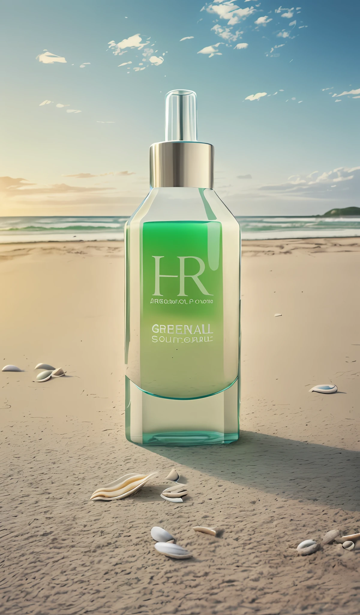 Close-up of a bottle of green liquid on a white surface, high resolution, surrealism, sunny beach on background, surrounded by large white shells, Surrealism, high detail, Social realism, chiaroscuro, cinematic lighting, depth of field, ray tracing, from above, panorama, UHD, highres, high quality, best quality