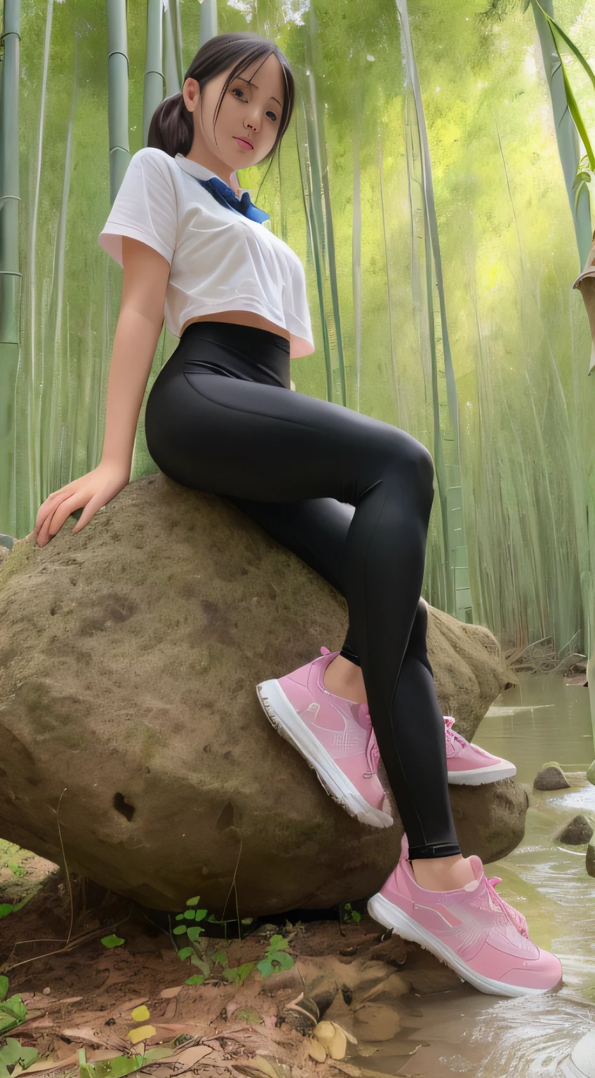 A girl wearing a soaked school uniform with black leggings (leggings are dry) sneakers sits on a large rock inside a bamboo forest, surrounded by water