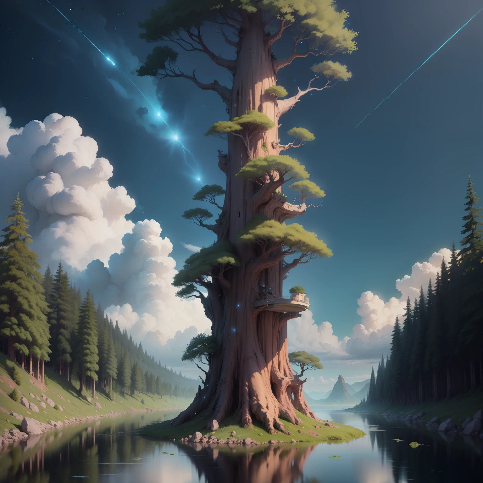 Illustration of a surreal, otherworldly, hyper sky scene including a giant crystal tree full body, highly detailed and magical lighting, intricate forest details, vegetation and surrounding river, solar punk, landscape, giant tree , beautiful green leaves, beautiful lighting and realistic proportions, as if this is a movie background, 8k, highest quality, masterpiece, clouds and stars in the sky.