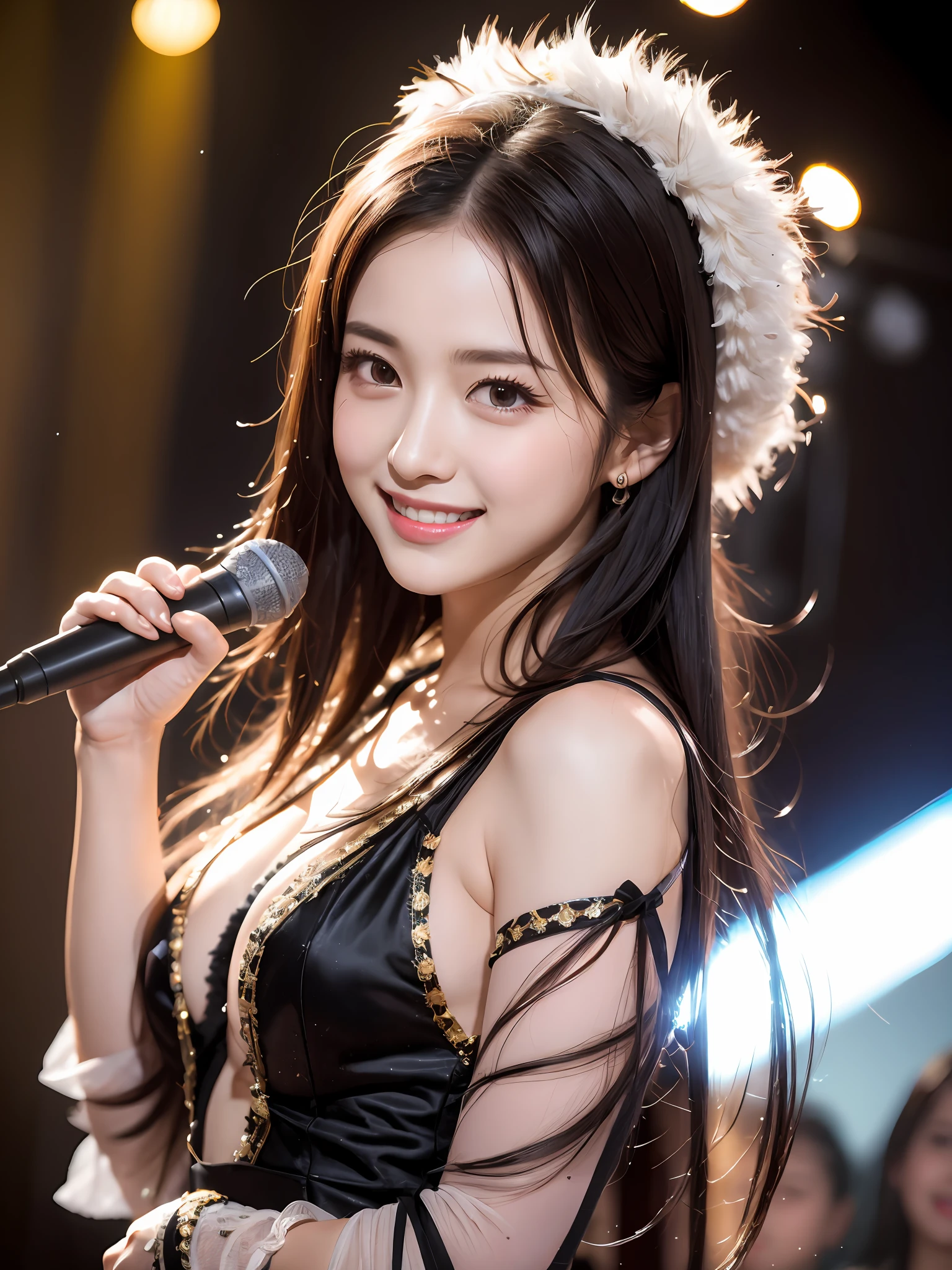 Realistic, Photorealistic, Masterpiece, Best Quality, One Girl, Solo, In the Stage, Stage Lighting, Stage Spotlight, Look At Audience, Smile, idol_singing_costume, (pureerosface_v1:0.8),Korean Idol,Nogizaka Idol,Actress,Gravure Idol